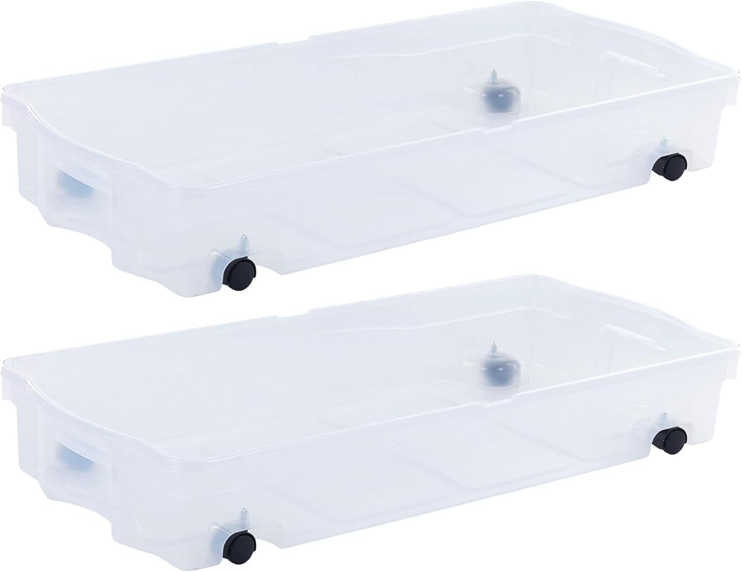 Rubbermaid 70 Quart Under the Bed Low Profile Storage Boxes with Dual Hinged Lids and Easy Rolling Caster Wheels, Clear, 2 Pack