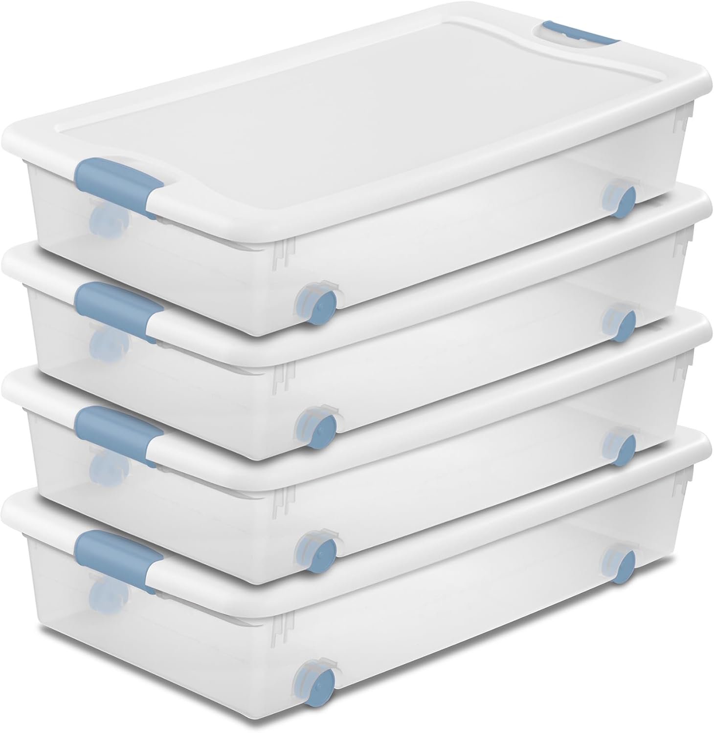 Sterilite 4-Pack Latching Box, Under Bed Storage Bins with Lids, Clear Plastic, 56 Quart – Heavy-Duty Organizing Containers for Closet, Bathroom, and Office