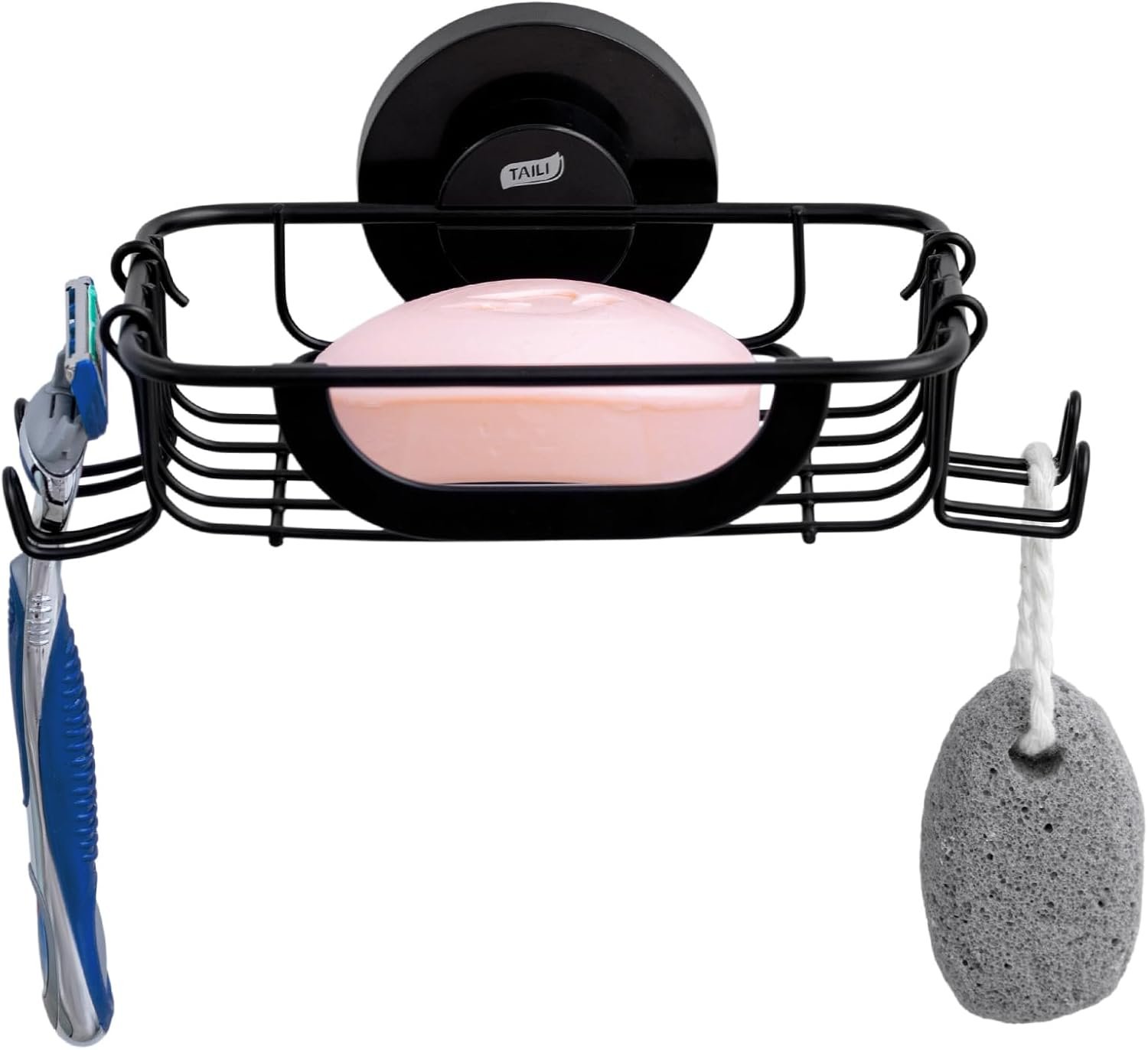 TAILI Soap Bar Holder Dish with Hooks, Shower Soap Tray Saver Suction Cup with Razor Holder for Wall, Rustproof Stainless Steel Bath Shampoo Caddy for Bathroom Accessories Organizer,Sink,Black