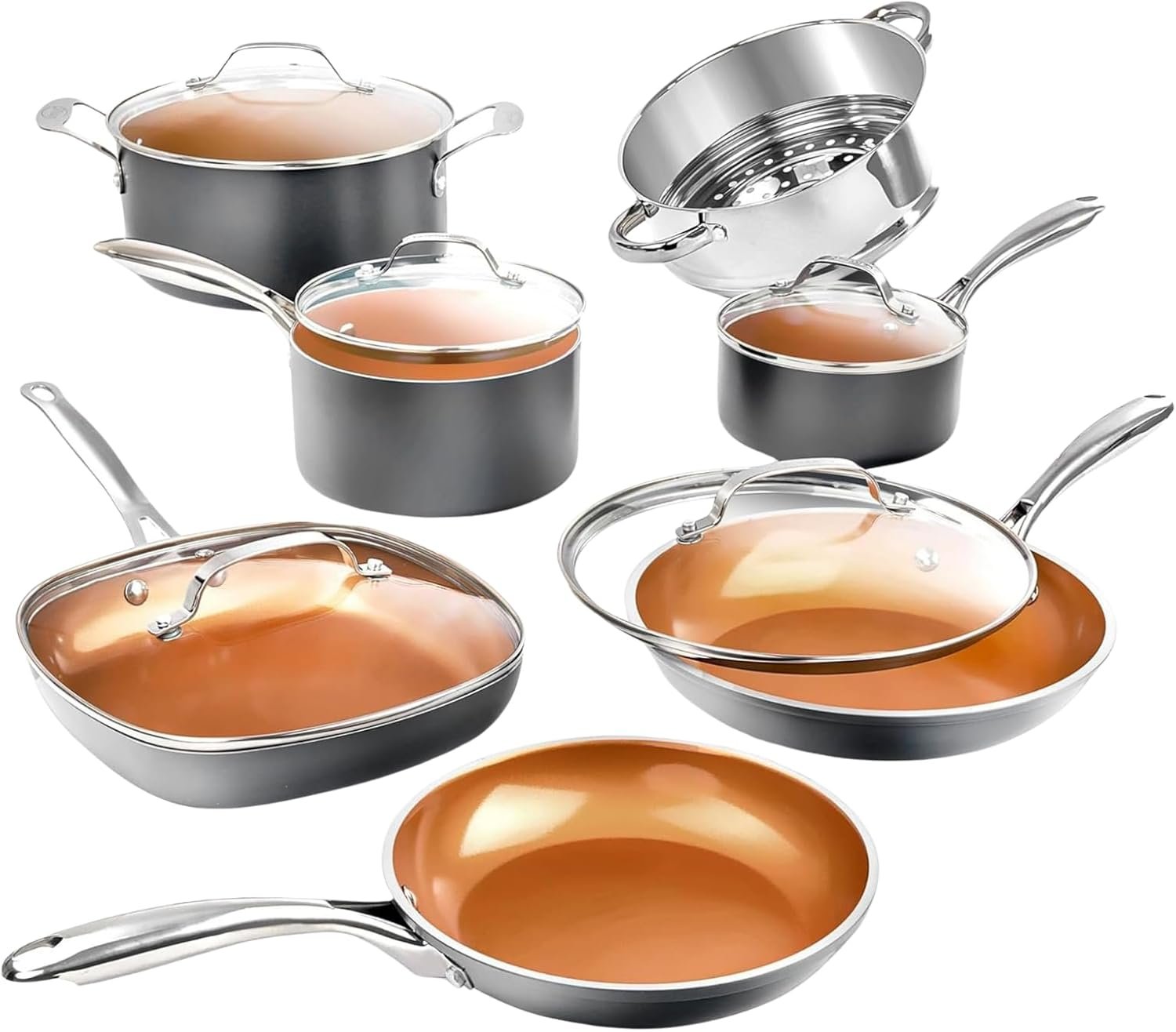 Gotham Steel 12 Pc Ceramic Cookware Set Nonstick, Ceramic Pots and Pans Set Non Stick with Steamer for Cooking, Non Toxic PFOA PFOS Free, Ergonomic Stay Cool Handles, Oven & Dishwasher Safe, Copper