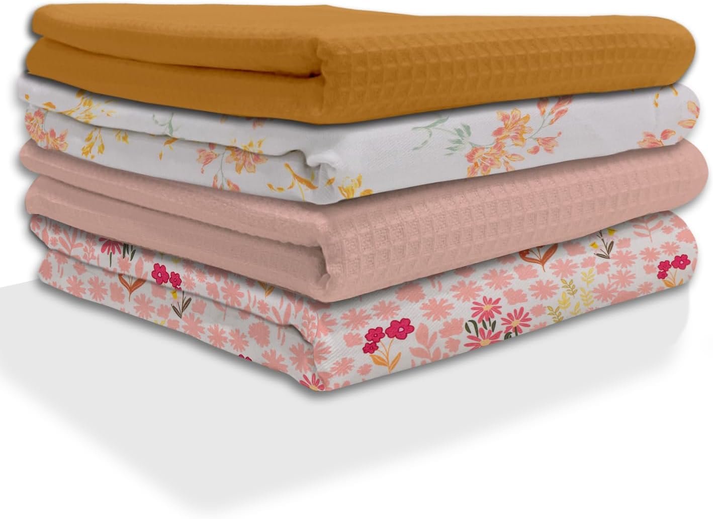 100% Cotton Kitchen Towels Set of 4 | 2 Solid Dyed Waffle Weave Dishcloths & Floral Print Kitchen & Table Linen Cloth | Super Absorbent Napkins | 50 x 70 Inches – Pastels