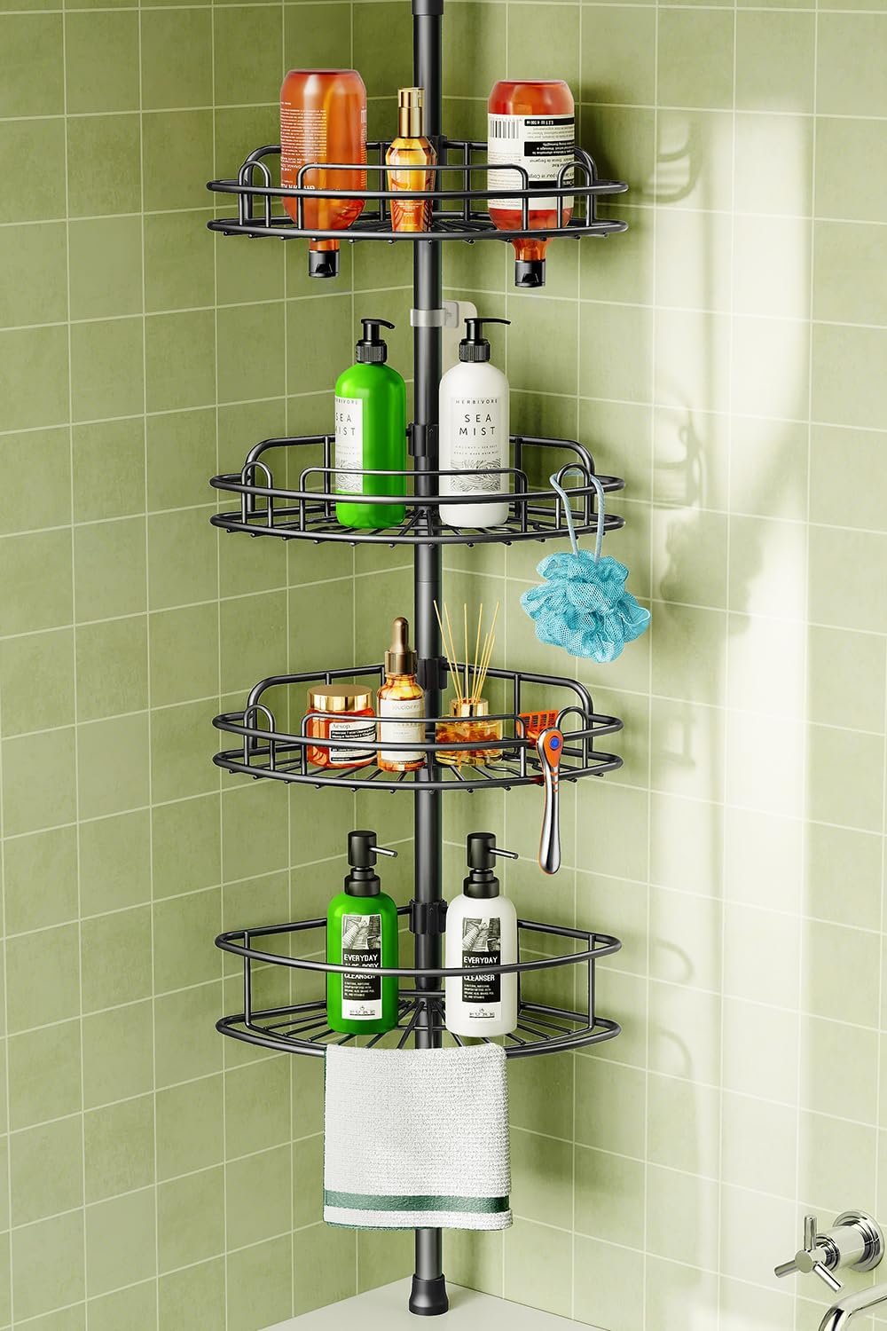 HAMITOR Corner Shower Caddy Tension Pole: 4-Tier Rust-Resistant Adjustable Bathroom Organizer Shelves – 47-121 Inch No-Drill Quick Installation – Space-Saving Storage for Renters Families – Black