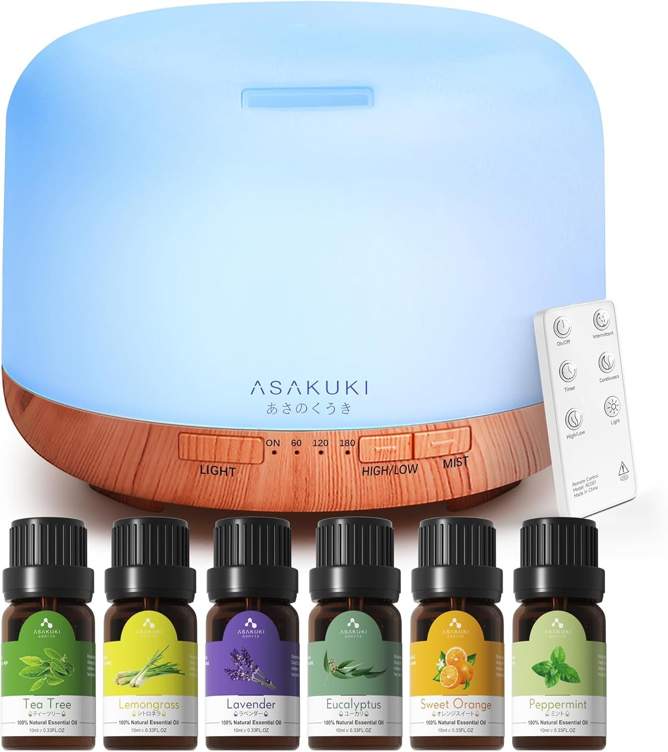 ASAKUKI Oil Diffuser with Essential Oils Set, 500ml Aromatherapy Humidifier with 14 LED Colors & Auto Shut-Off – 6 Oil Gift Pack(Lavender Eucalyptus Tea Tree Orange Peppermint Lemongrass)