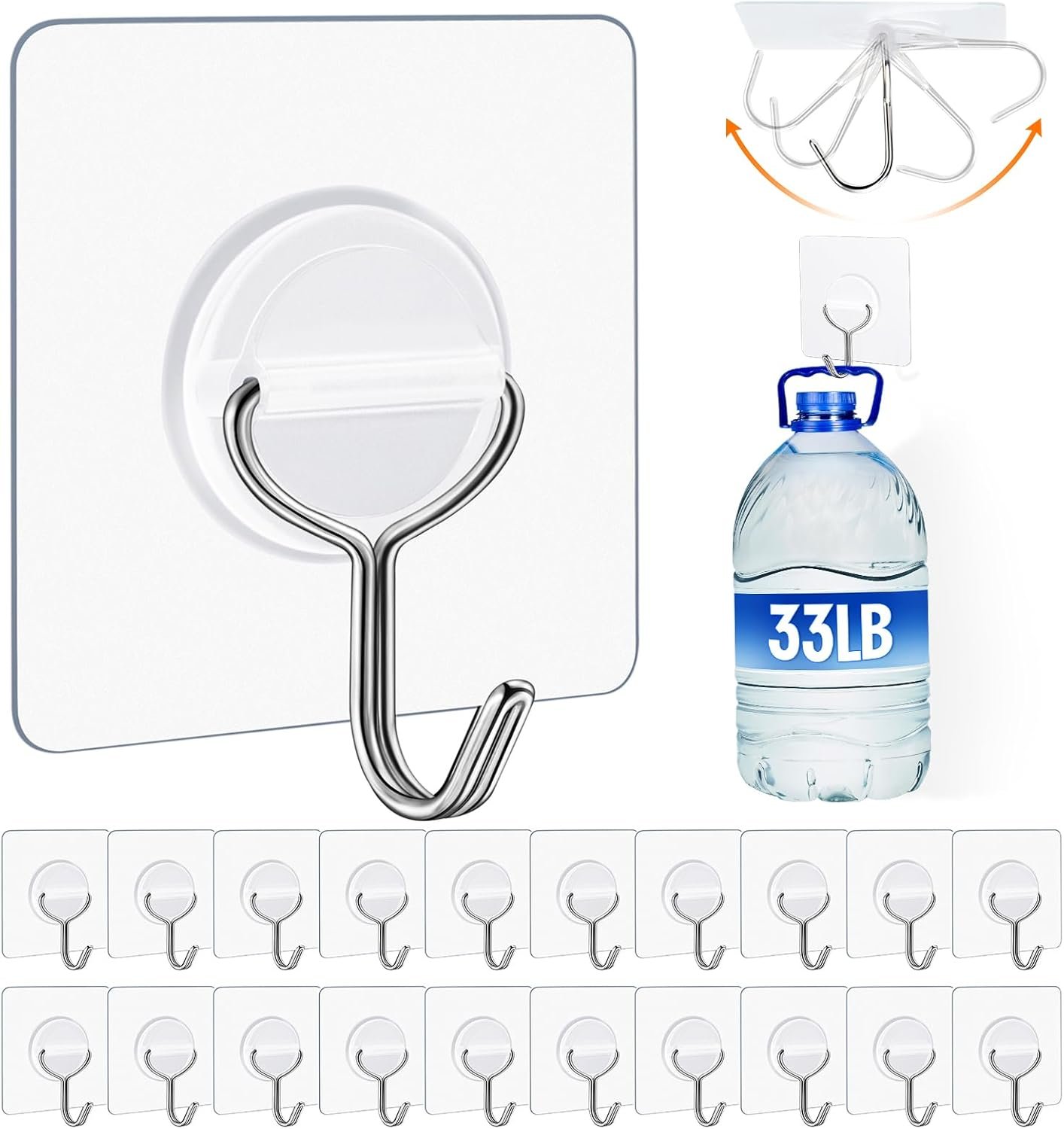 Adhesive Wall Hooks for Hanging Heavy Duty 33lb(Max), Waterproof and Rustproof Transparent Self Adhesive Hooks for Bathroom Kitchen Outdoor and Home Improvement -24 Pack