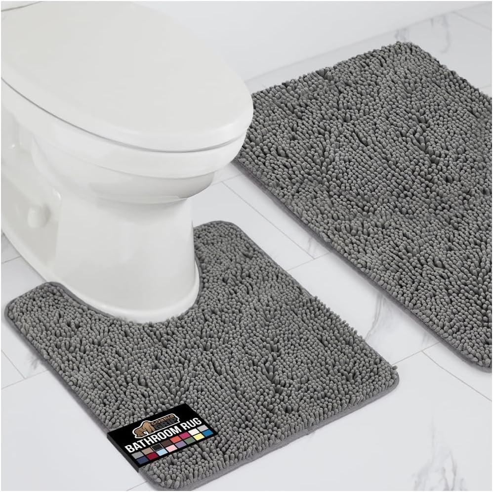 GORILLA GRIP Bathroom Rug Sets, Soft Chenille 2 Piece Area Rugs Set, Toilet Base Mat and 30×20 Carpet, Absorbent Microfiber Washable Mats Dry Quickly, Home Décor and Bath Room Accessories, Grey