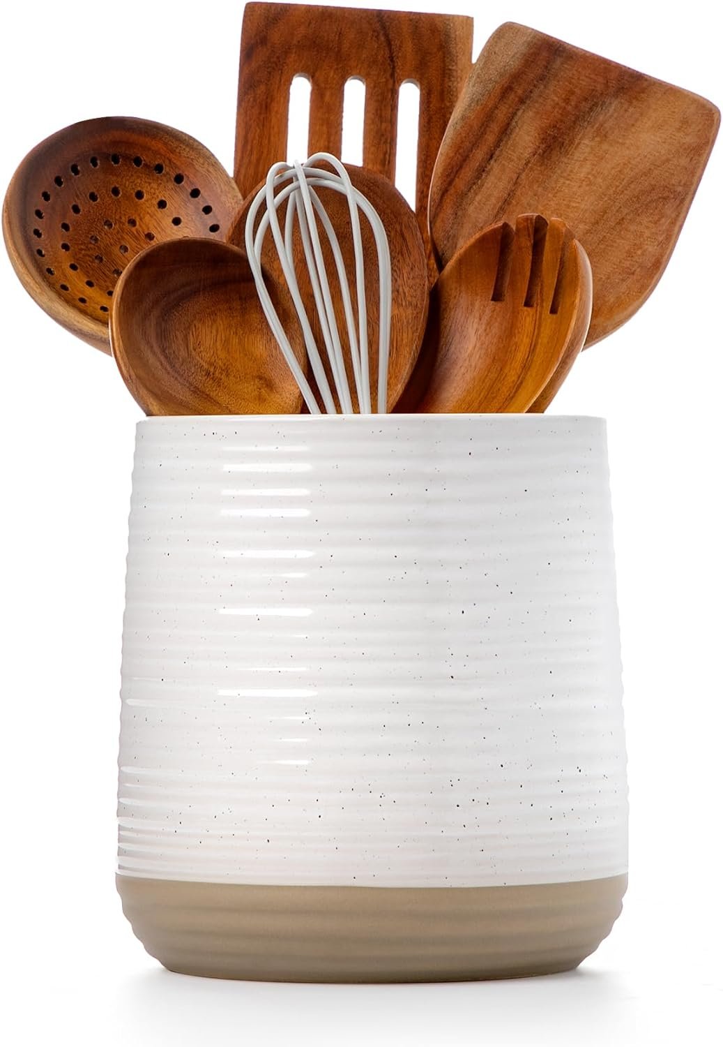 6.8″ Large Ceramic Kitchen Utensil Holder – Utensil Holder for Kitchen Counter, Modern Farmhouse Style Holder for Spoons, Spatulas & Cooking Tools (White)