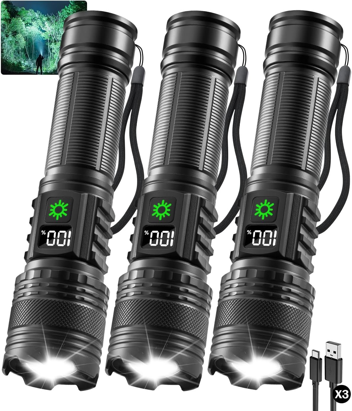 3Pack Rechargeable Flashlights High Lumens 9900FL, LED Flashlight Rechargeable with LCD Digital Display, 5Modes Adjustable Flash Light, Super Bright Flashlight Powerful, Tactical Flashlights for Home