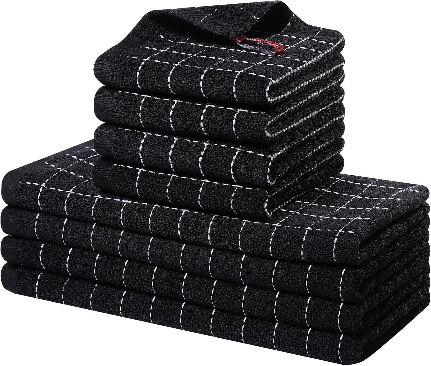 Homaxy Kitchen Towels and Dishcloths Set, 12 x 12 and 13 x 28 Inches, Set of 8 Bulk Cotton Terry Kitchen Towels Set, Checkered Designed, Soft and Super Absorbent Dish Towels, Black