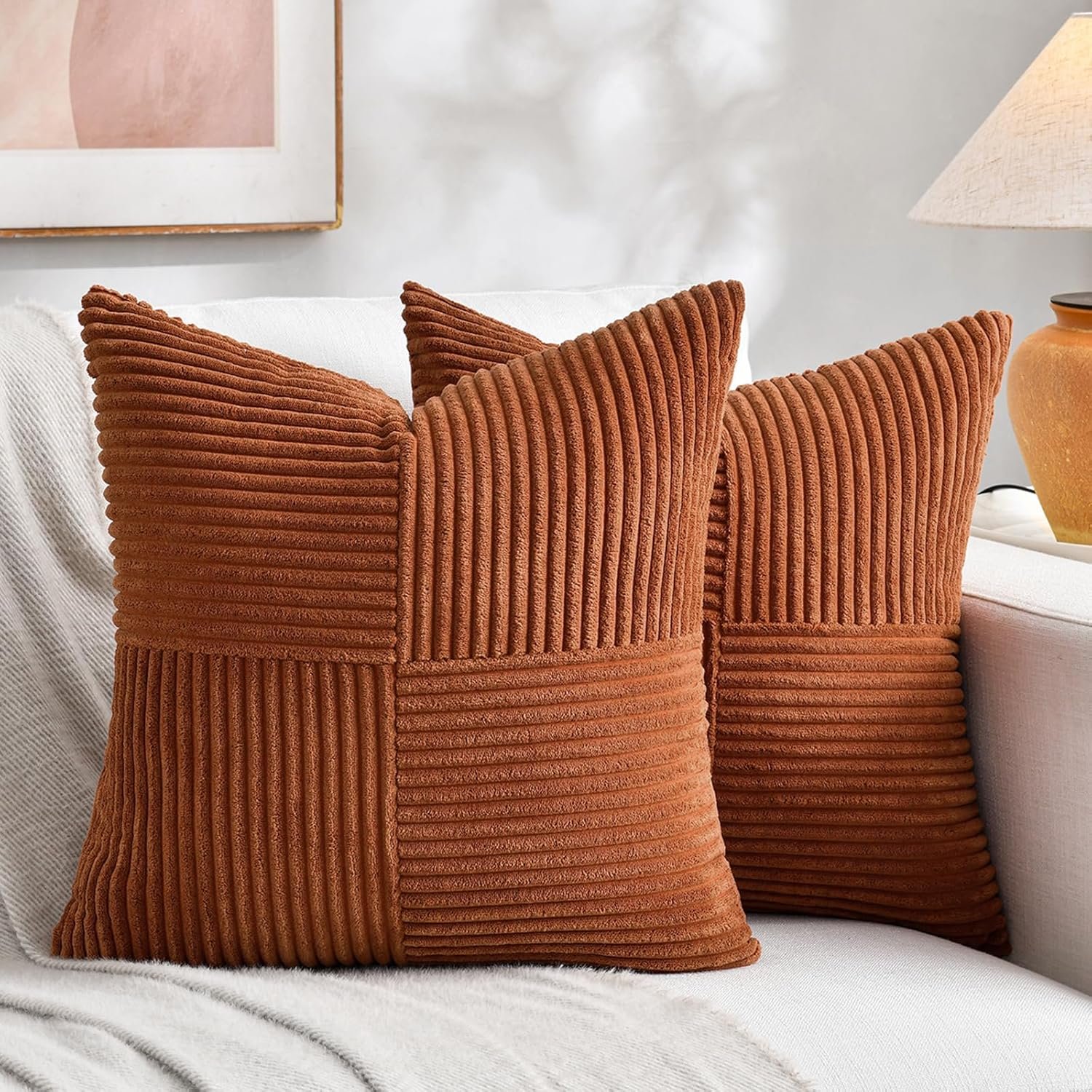 Fancy Homi 2 Packs Rust Boho Decorative Throw Pillow Covers 18×18 Inch for Couch Bed Sofa, Farmhouse Fall Home Decor, Soft Corss Corduroy Patchwork Textured Terracotta Accent Cushion Case 45×45 cm