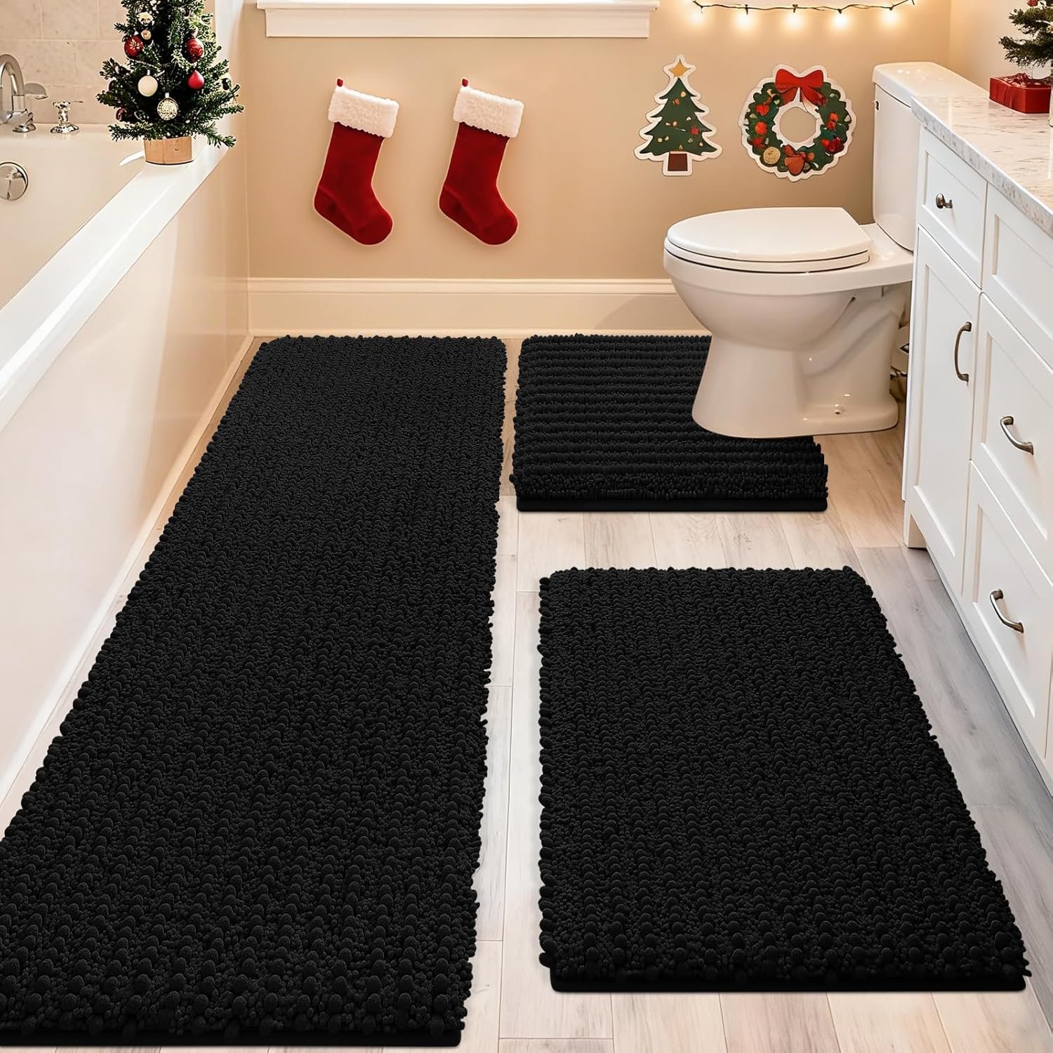 ACCUMTEK Upgrade Extra Large Black Bathroom Rug Set 3 Pieces Ultra Soft, Thick Absorbent Bath Mats, Non Slip Chenille Toilet Mat for Bathroom, Bedroom, Kitchen