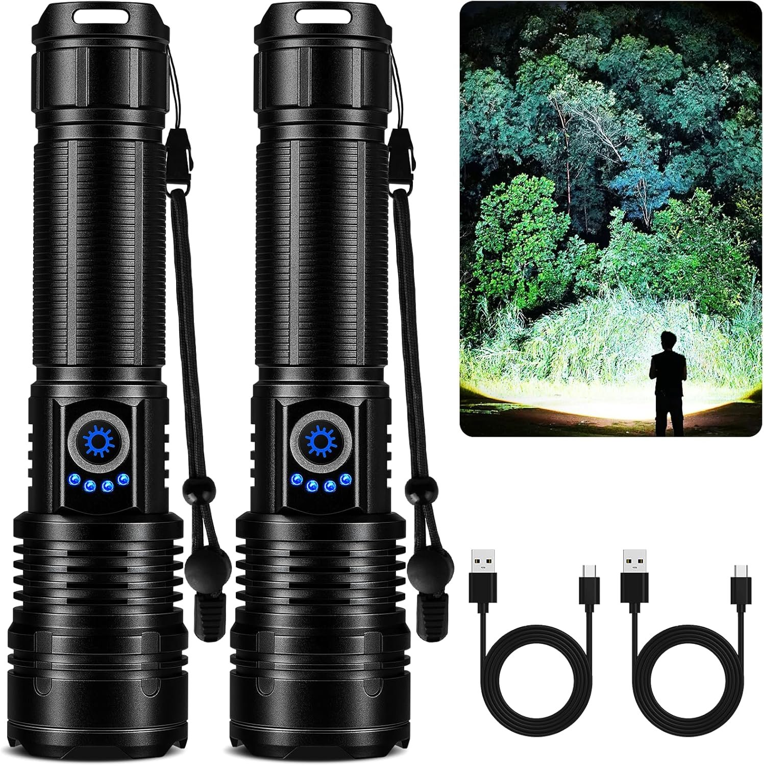 Flashlight Rechargeable 99,000 High Lumen, 2 Pack Super Bright Rechargeable Flashlights for Home, 15H Long Life LED Flash Light with 5 Light Modes, IPX7 Waterproof for Outdoor, Camping, Hiking