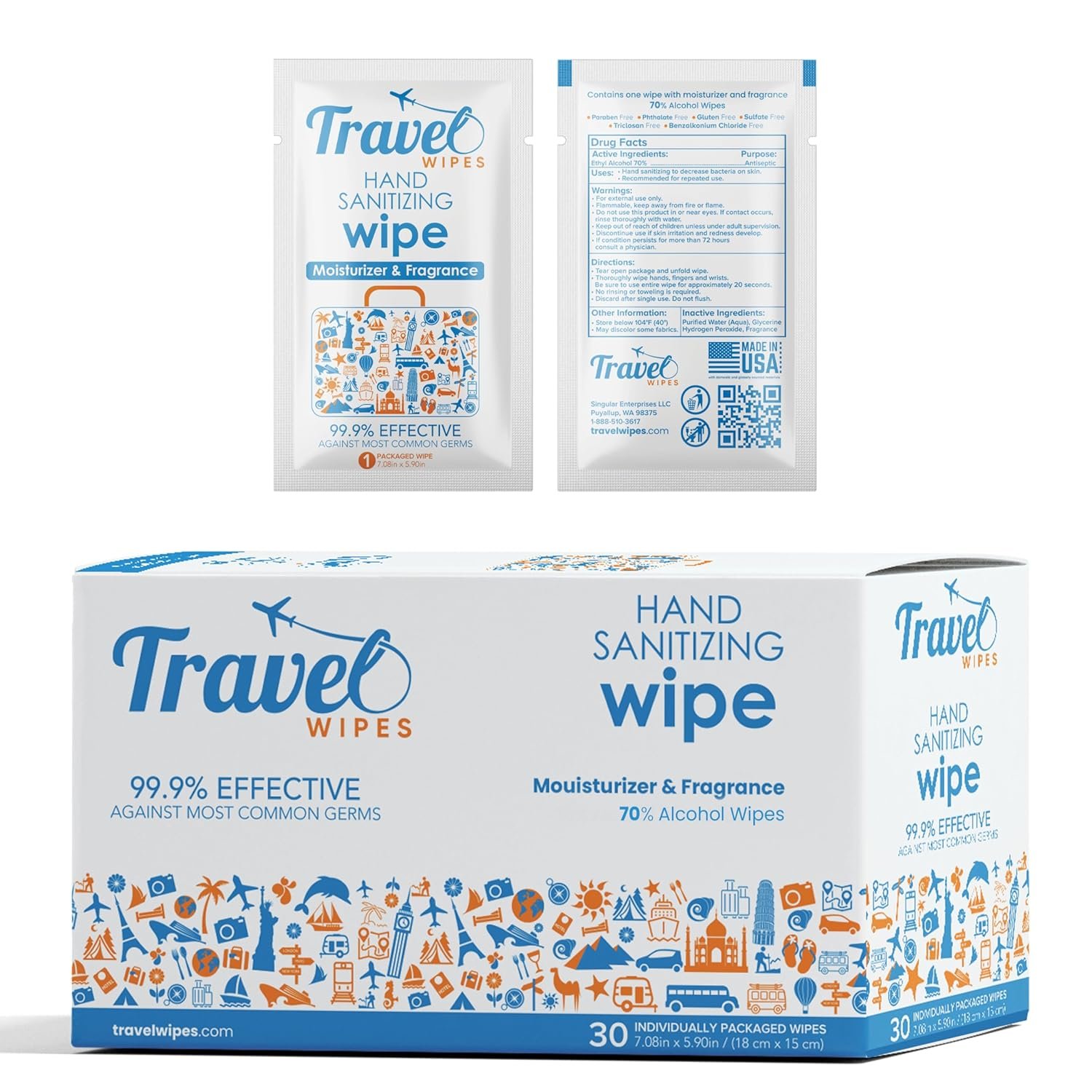 Hand Sanitizing Travel Wipes – 30ct Individually Wrapped | Fresh Citrus Scent, Moisturizing, 70% Alcohol Wipes | Travel, Home, Office, Daily Use | Made in USA