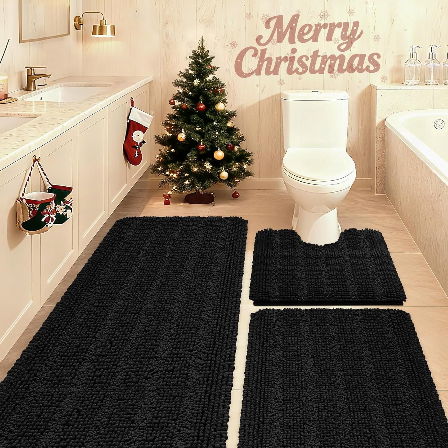ACCUMTEK Striped Black Bathroom Rug Set 3 Pieces Ultra Soft, Non Slip Chenille Toilet Mat, Absorbent Plush Shaggy Bath Mats for Bathroom, Bedroom, Kitchen