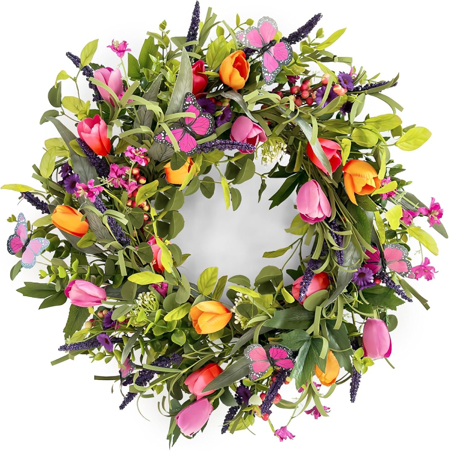 24″ Wreaths for Front Door, Wreath with Tulip Wreath, Butterfly, Lavender and Eucalyptus, Vivid Artificial Floral for Wall Window Farmhouse Party Holiday Home Décor