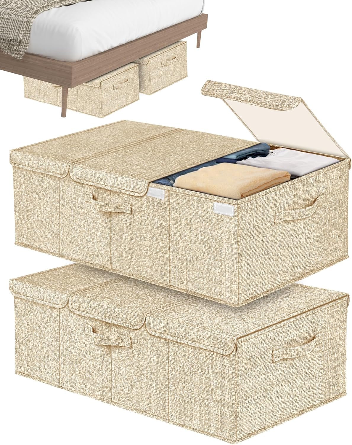Deep Under Bed Storage Container, 10″ Tall Height Underbed Box Bin with Lids 31″ Long Large Basket for Under Bed, Bedroom, Dorms, Clothes, Bed sheets, Blankets, 2 Pack, Beige