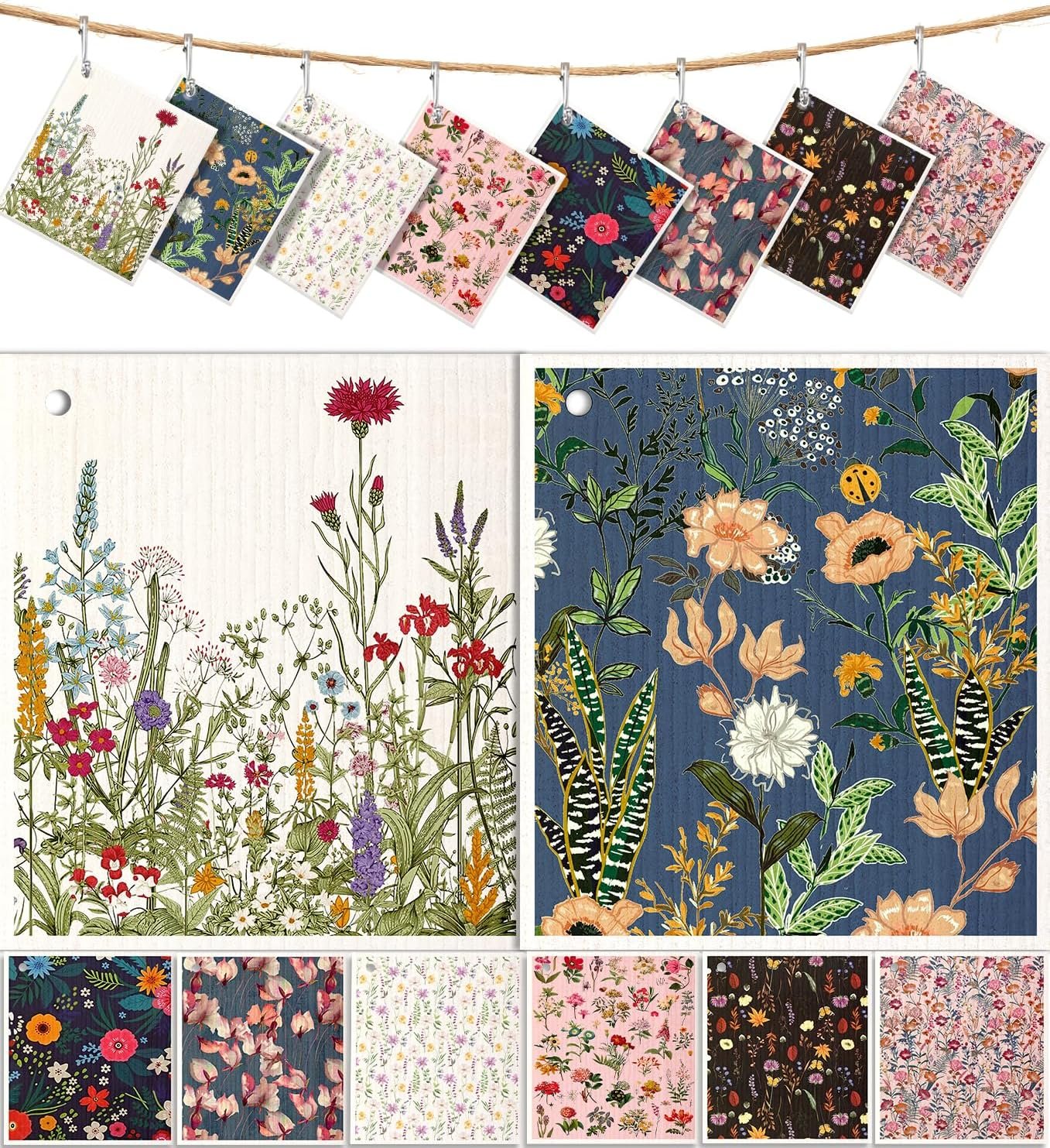 8 Pack Reusable Kitchen Swedish Dishcloths for Washing Dishes – Absorbent Fast Drying Cleaning Sponge with Cute Flower Design – Washable Decor Cloths