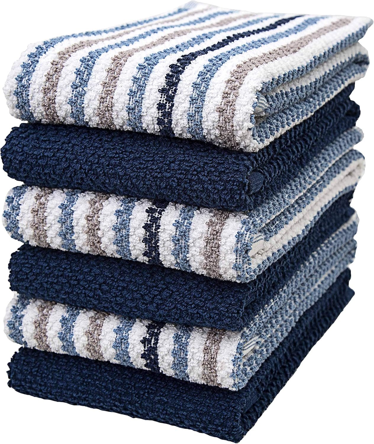 Premium Kitchen Towels (16”x 26”, 6 Pack) | Large Cotton Kitchen Hand Towels | Popcorn Striped Design | Dish Towels | 430 GSM Highly Absorbent Tea Towels Set with Hanging Loop | Blue