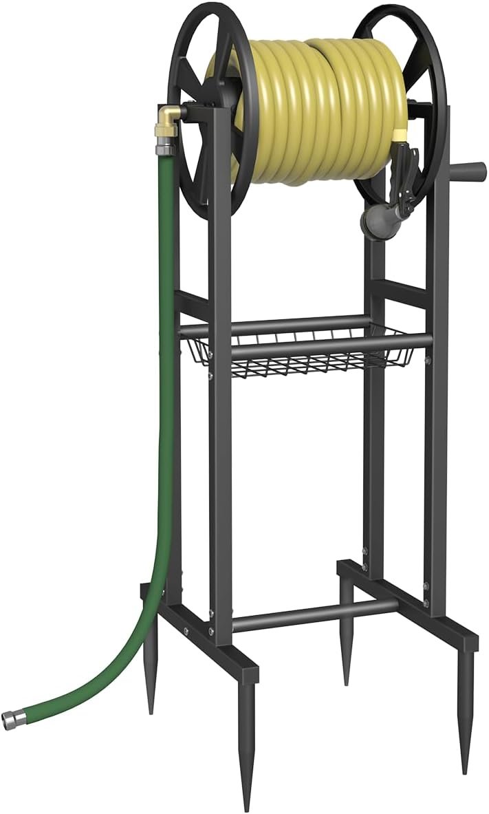 Garbuildman Ground Mount Garden Hose Reel Holds 125 Feet of 5/8-Inch with 3.9 ft Leader Hose, Brass Fitting, Water Hose Holder Stand with Storage Rack & 4 Spikes Base for Outdoor Lawn, Black