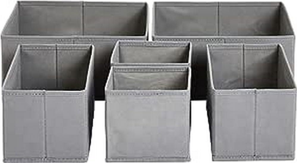 Amazon Basics Cloth Drawer Storage Organizer Boxes for Socks, Underwear and Baby Items, Set of 6, Gray