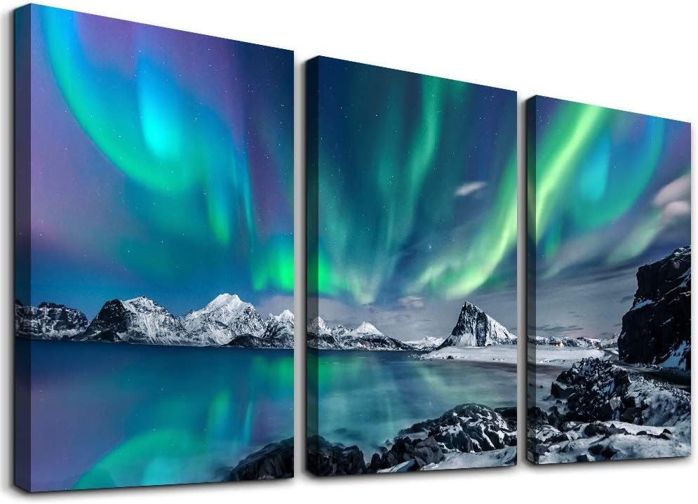 Farmhouse Canvas Wall Art for Bedroom, Living Room, Office – Aurora Scenery Painting on Stretched and Framed Pictures – 3 Piece Ready to Hang for Bathroom Home Decor