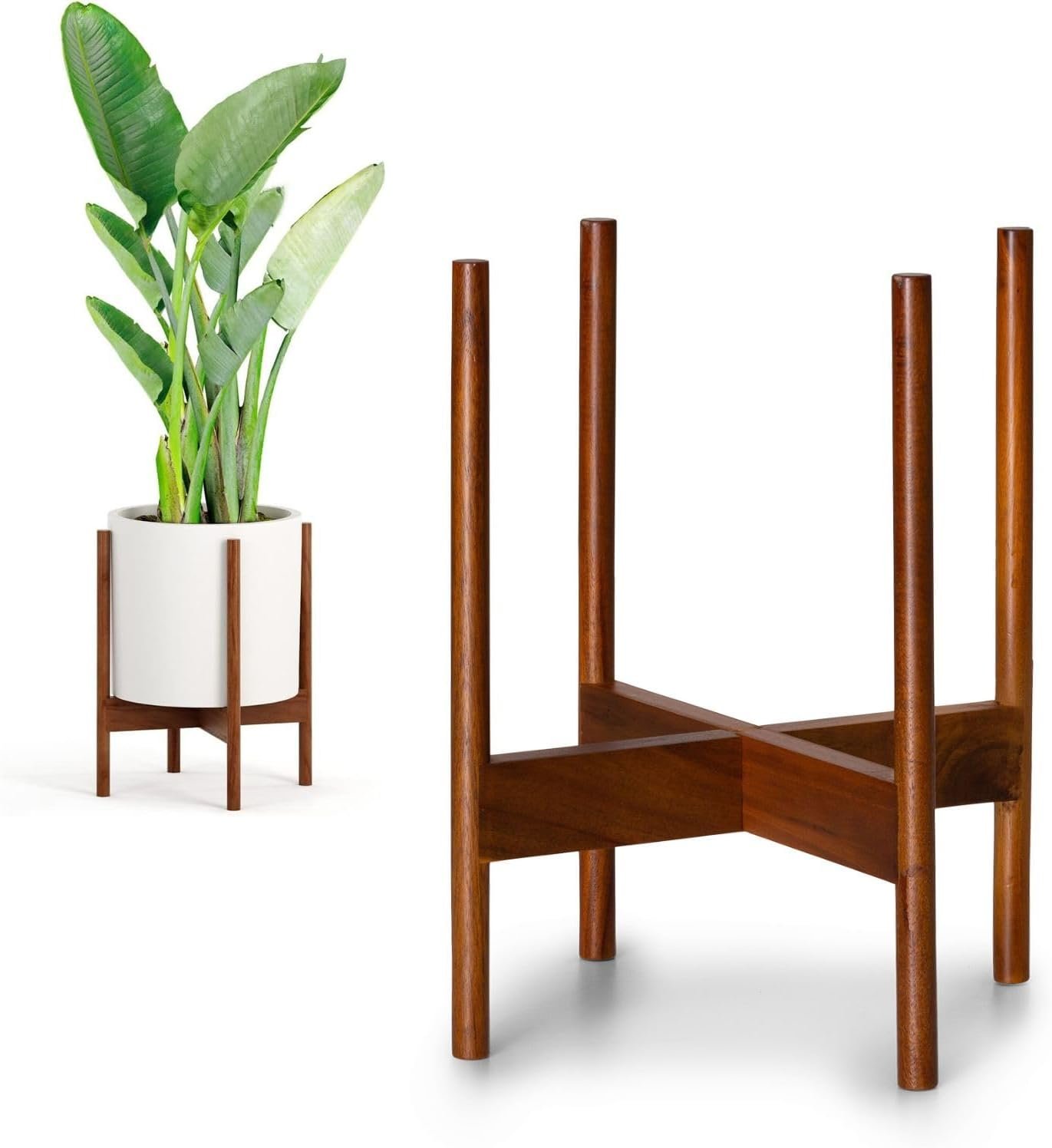 Fox & Fern Mid Century Plant Stand — 11.8 Inch Fixed Size Wooden Plant Stand for Indoor Planters (Not Included); Raised Large Flower Pot Holder for Indoor Big Pots; Plug In Design; Two Heights; Acacia