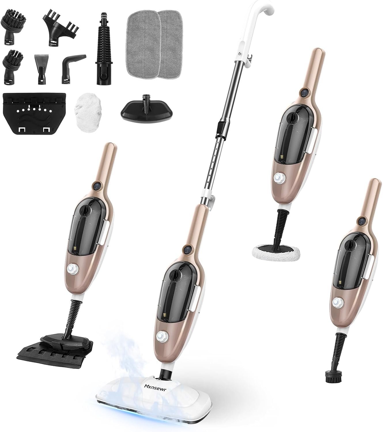 Steam Mop – All-in-one Powerful Handheld Steam Cleaner Detachable Floor Steamer with 11 Accessories, MultiPurpose Steamer for Hardwood Floors, Clothes,Windows,Tiles,Carpet, Whole Home Use, Rose Gold