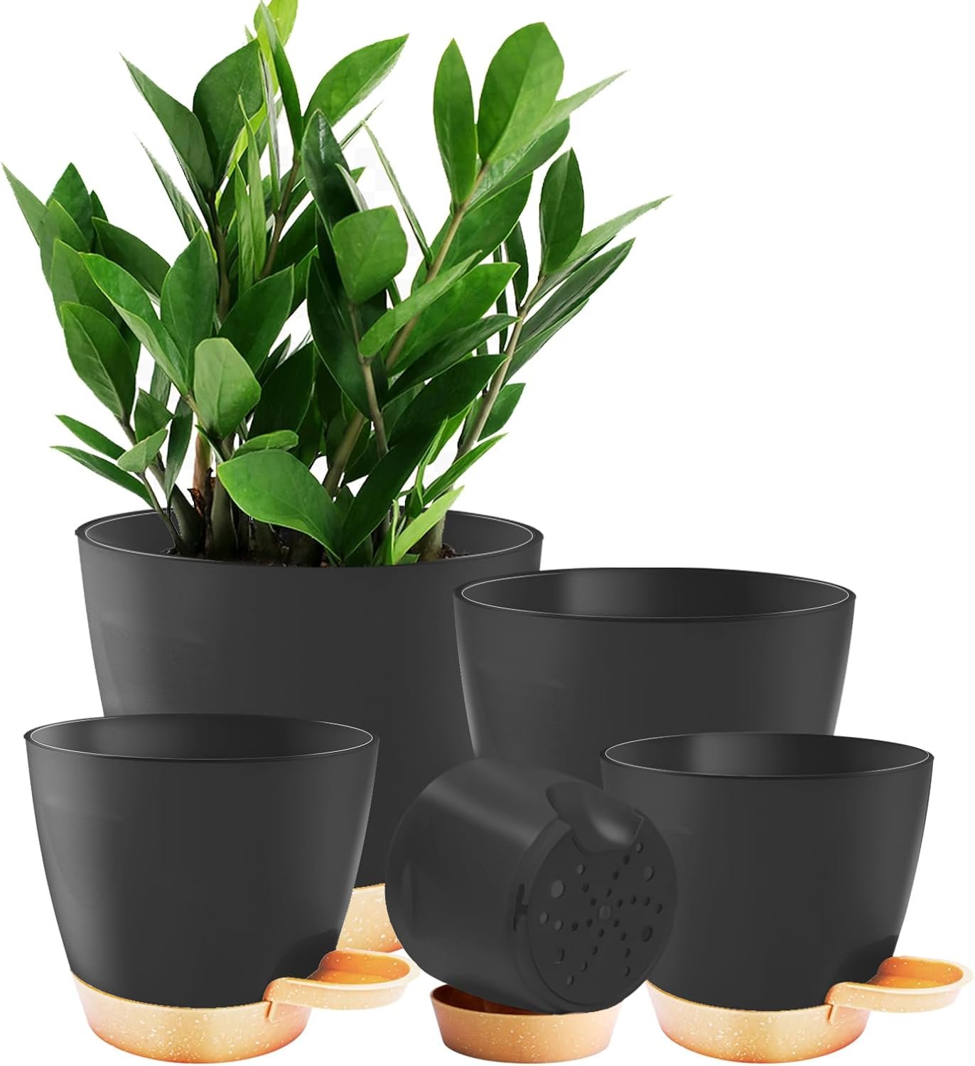 5-Pack Plant Pots with Drainage 7/6.5/6/5.5/5 Inch, Self Watering Pots for Indoor Plants, Planters for Indoor Outdoor Plants, Plastic Flower Pot, Planter for Indoor Outdoor (Black)