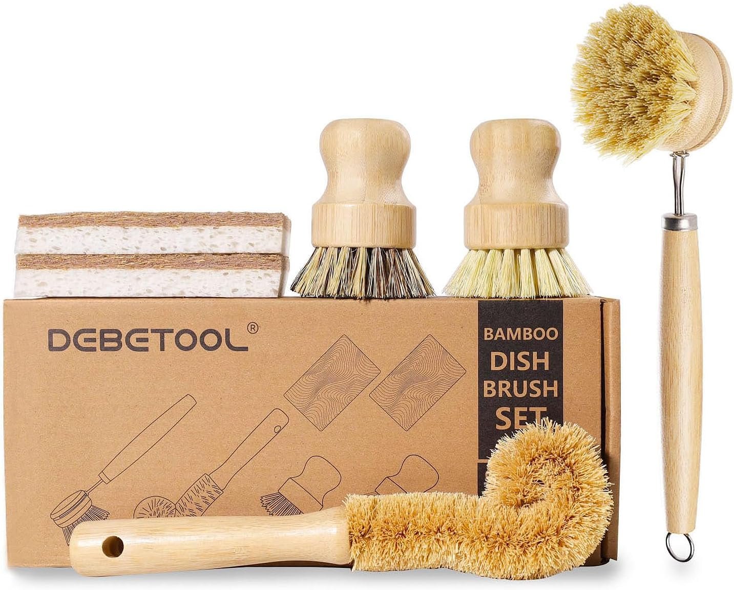 6 Piece Bamboo Dish Brush Set with Coconut Sponge – Wooden Dish Brush with Sisal and Palm Fiber, Natural Bamboo Dish Scrub Brush for Kitchen Cleaning Dishes, Pots, Pans, Bottles, Vegetables
