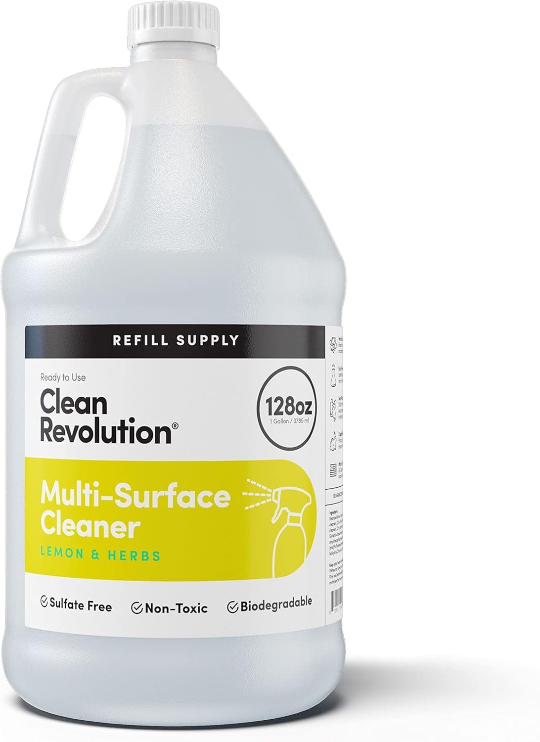 Clean Revolution Multi Surface Cleaner Refill Supply, Non-Toxic, Eco-Friendly & Plant-Based, Ready to Use, Lemon & Herbs, 128 Fl Oz (1 Gallon)