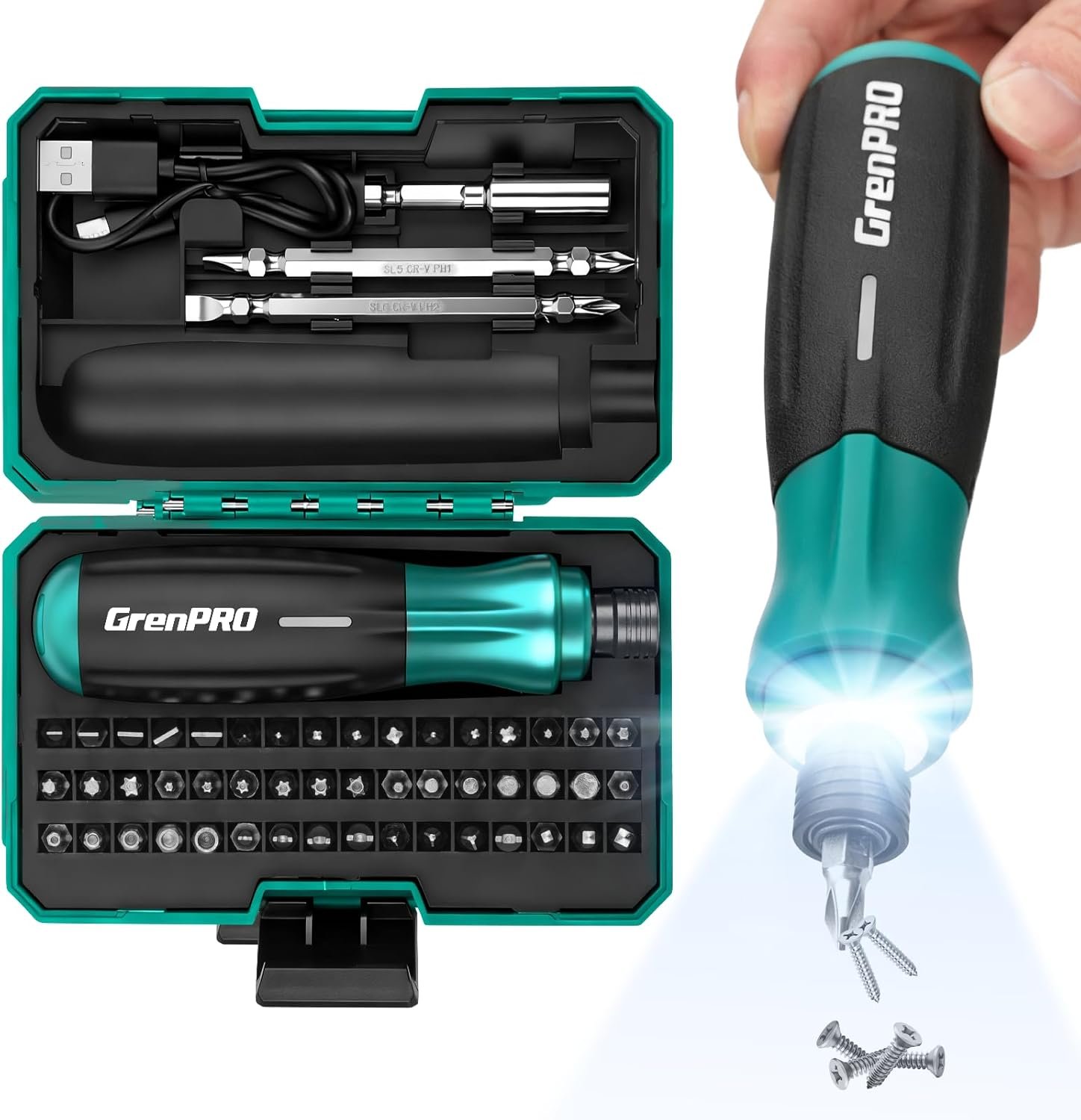 4V Electric Screwdriver, Rechargeable Cordless Screwdriver Set with 51 Magnetic Bits, LED Light, Left/Right Rotation, USB Charging Cable & Carrying Case, Ideal for Home Repairs