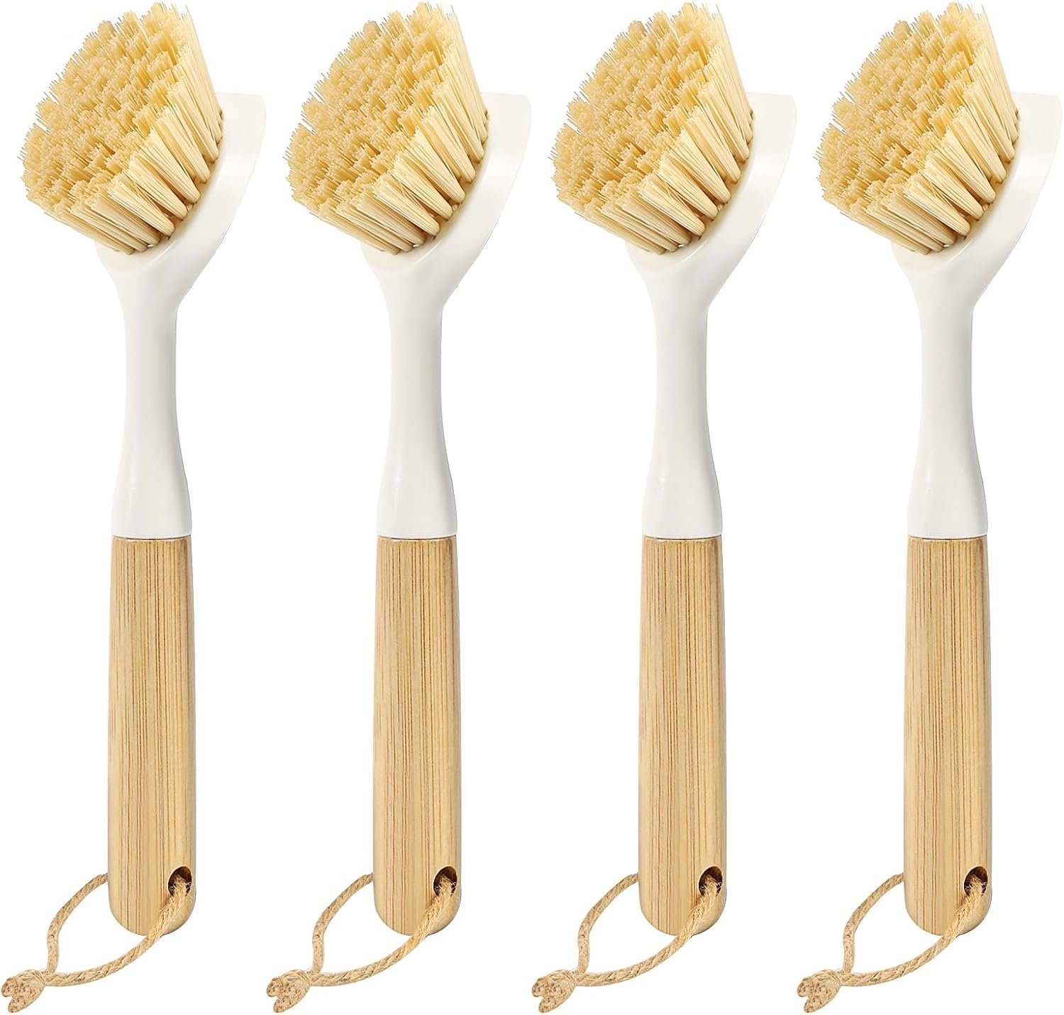 Dish Brush with Built-in Scraper – 4 Pack Bamboo Dish Scrubber Brush with Handle, Kitchen Brushes for Dishes & Pots, Sink, Eco Cleaning Tool Set