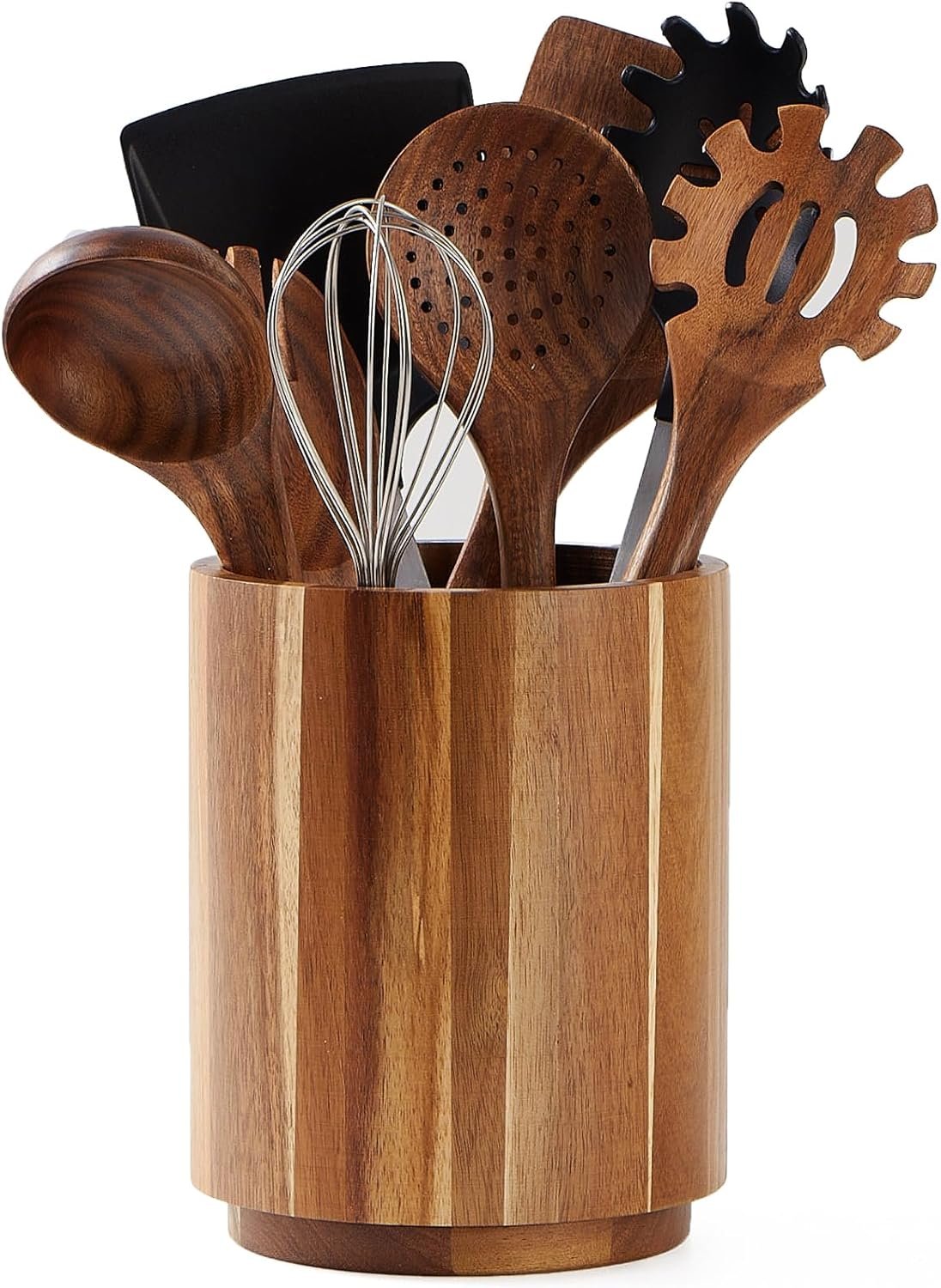 Acacia Wood Utensil Holder for Kitchen Counter, 360° Rotating 7.2″ Wooden Cooking Utensil Crock for Countertop, Farmhouse Kitchen Decor