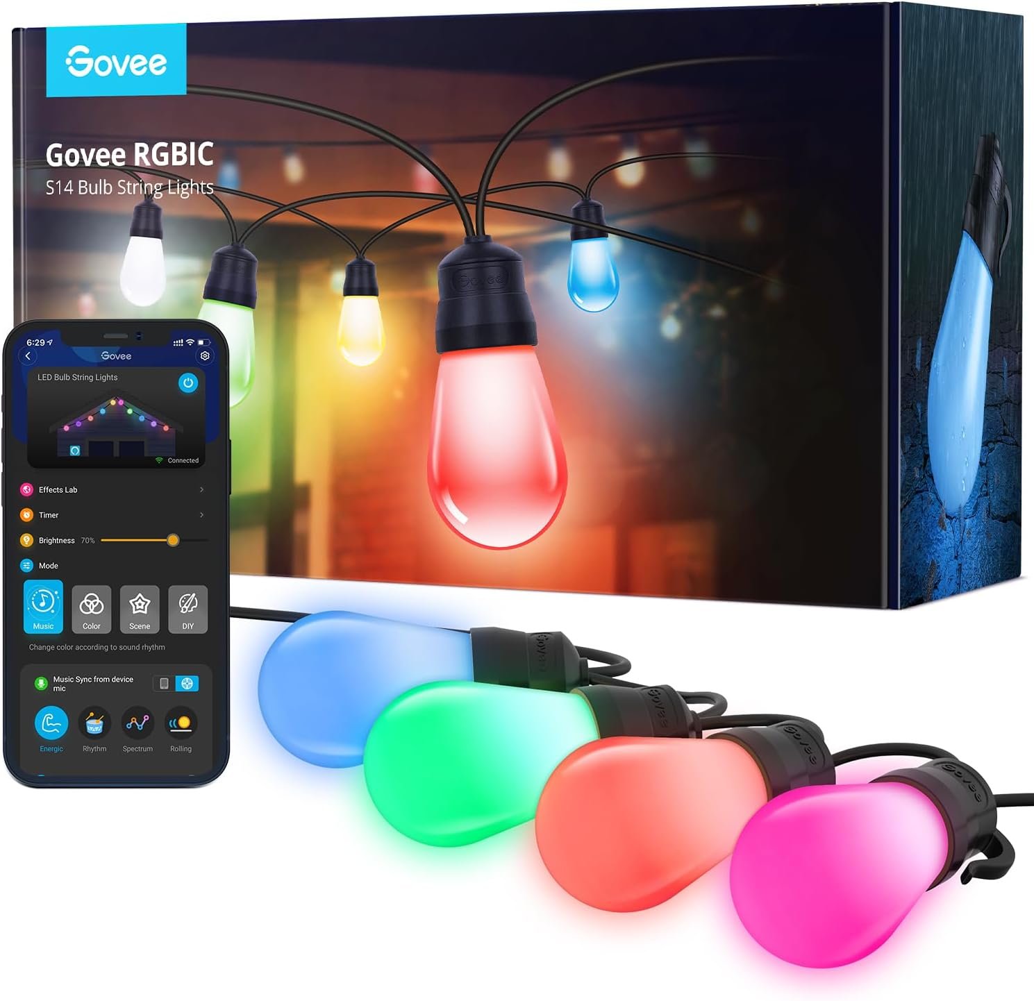 Govee Smart Outdoor String Lights H7016, 96ft RGBIC Outdoor Lights with 30 Dimmable LED Bulbs, IP65 Waterproof, Color Changing Warm White Lights with 47 Scene Modes for Patio, Backyard, App Control