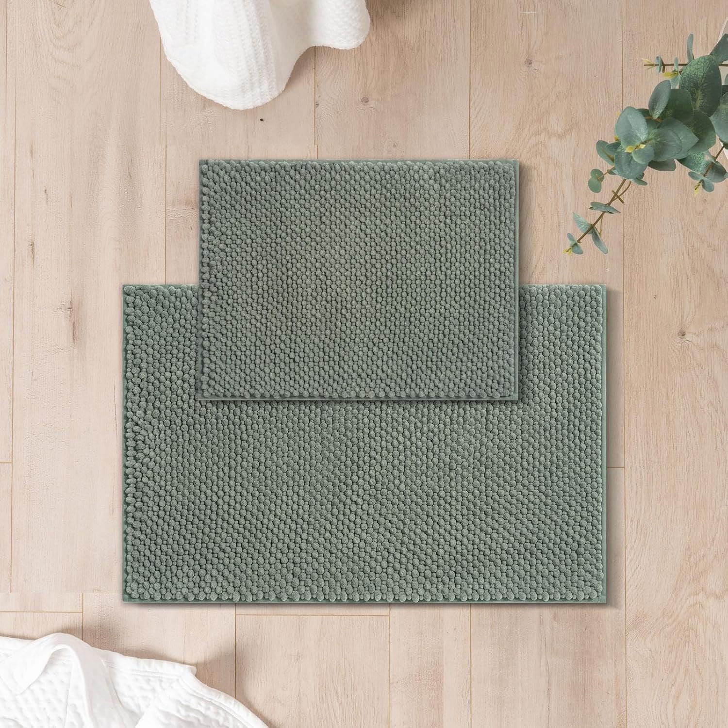 FRESHMINT Chenille Bathroom Rugs 2 Piece Set – Non-Slip Water Absorbent 17×24″+20×32″+ Bath Mats, Sage Green