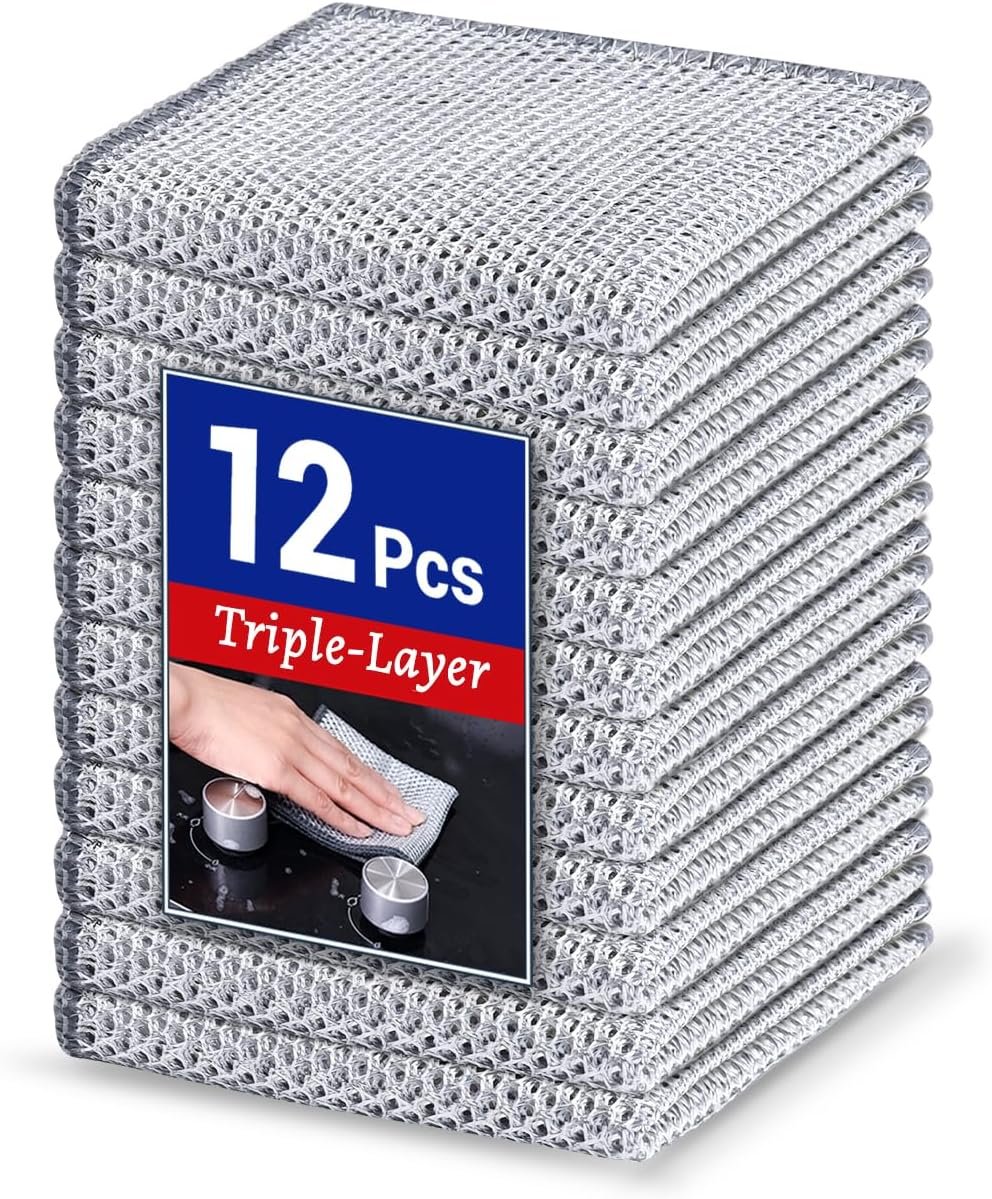 12 PCS 3-Layer Non-Scratch Multipurpose Steel Wire Dishcloths – Reusable Quick-Dry Odor-Free Scrub Cloths for Dishes, Kitchen Cleaning Cloths for Cookware, Sinks, Stove Tops(7.87X7.87)