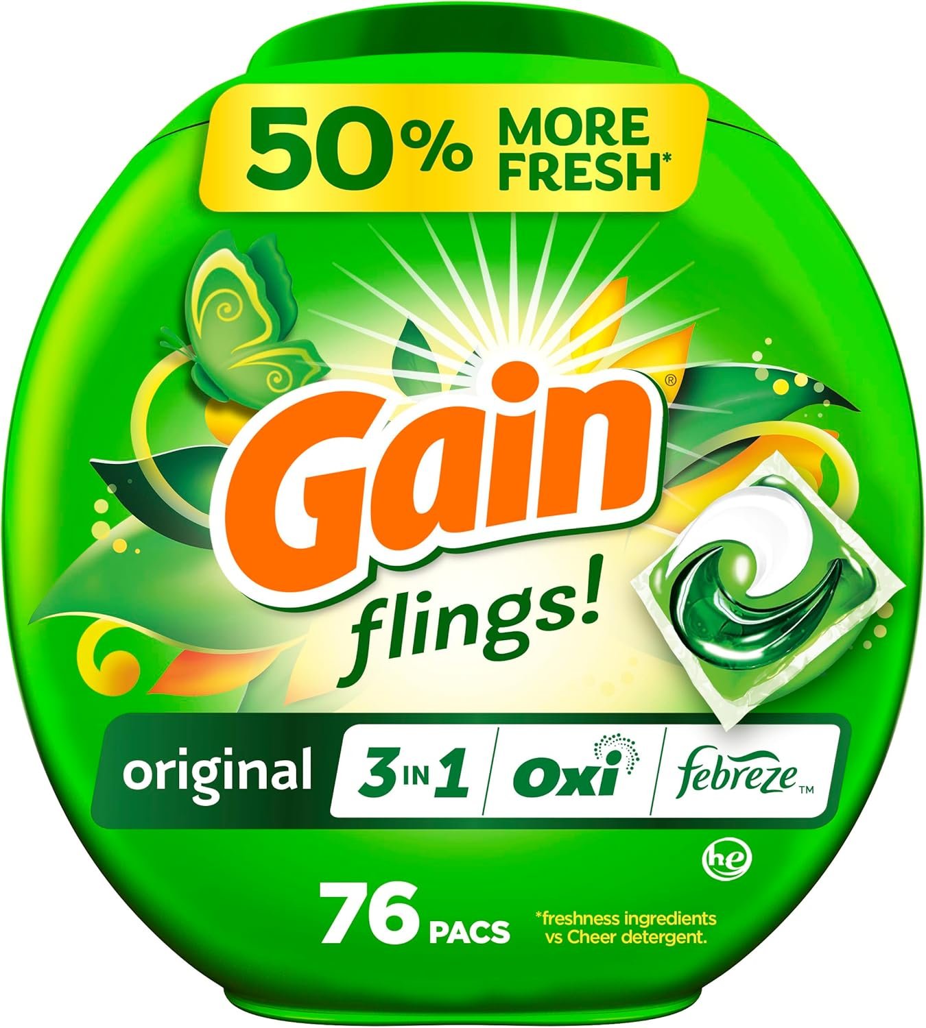 Gain Flings Laundry Detergent Pacs, 76 Count, Original Scent, with Odor Defense, concentrated laundry soap pacs