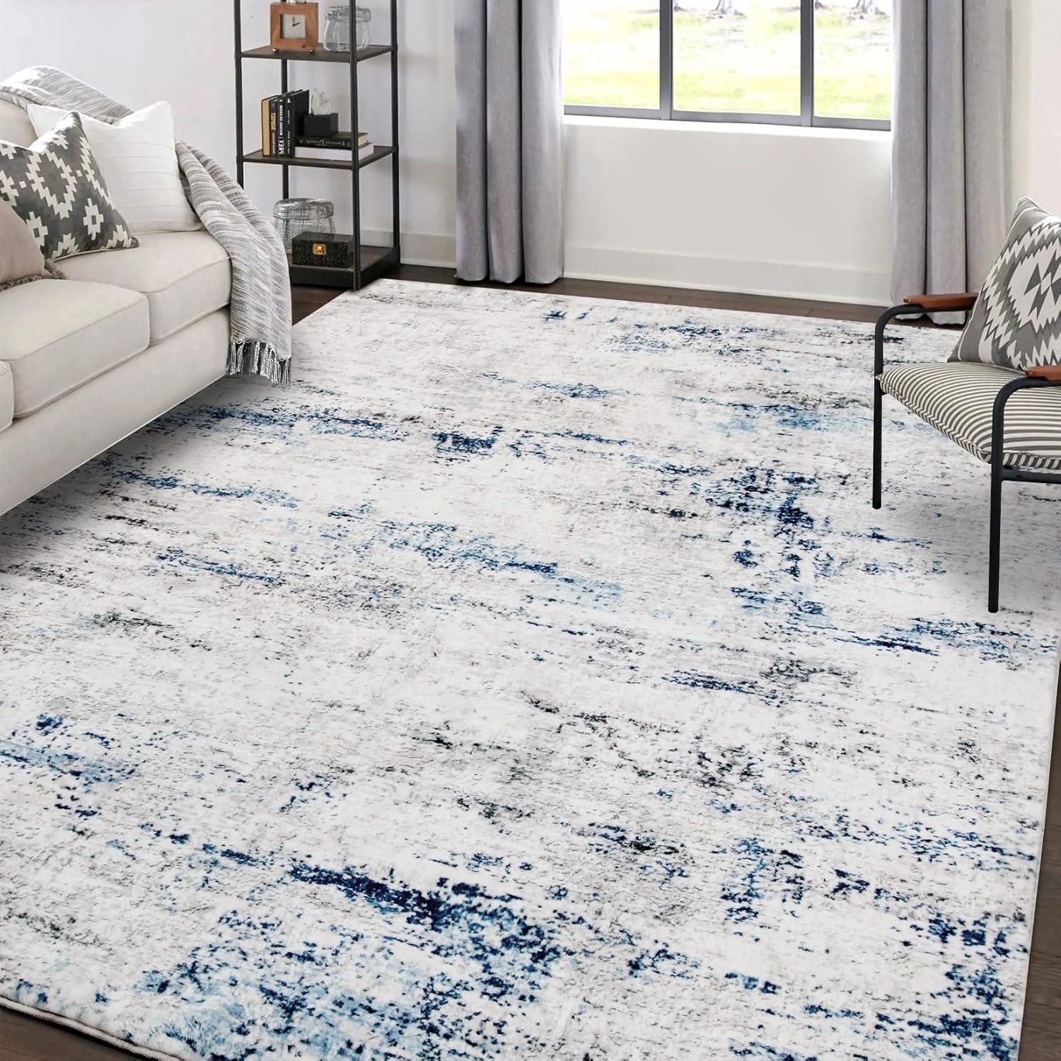 Area Rug Living Room Rugs: 5×7 Large Soft Indoor Carpet Modern Abstract Rug with Non Slip Rubber Backing for Under Dining Table Nursery Home Office Bedroom White Gray Blue