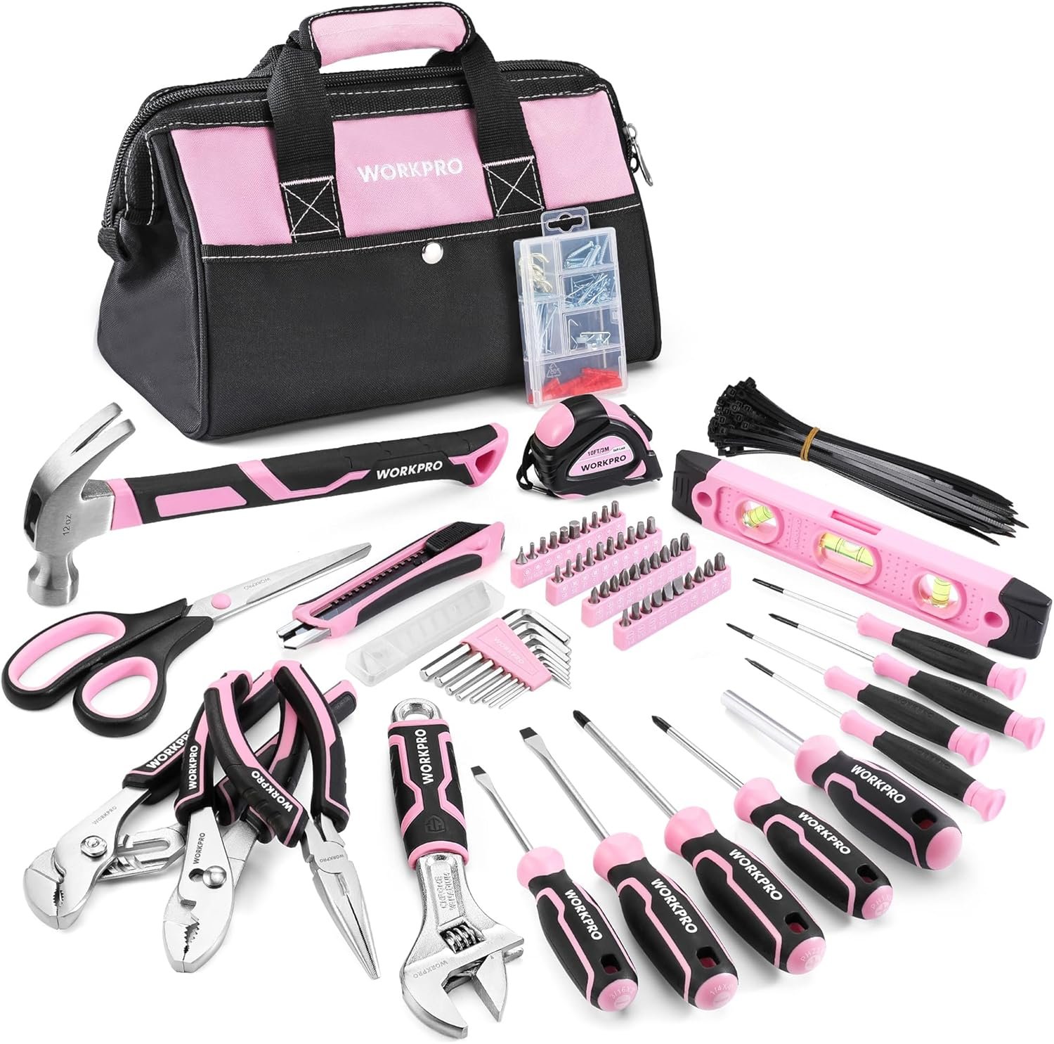 WORKPRO Pink Tool Set, 277 PCS Home Repairing Tool Kit, Pink Tool Bag with 13-Inch Wide Mouth Open Storage Bag, Portable Home Tool Kit Including Hammer, Screwdriver, and Household Tools – Pink Ribbon