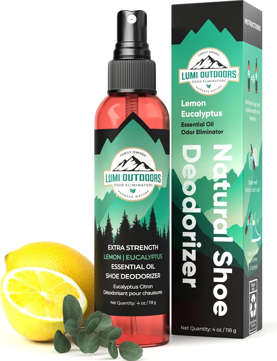 Lumi Outdoors Natural Shoe Deodorizer Spray (700+ Sprays) – Extra Strength Shoe Odor Eliminator for Smelly Shoes & Foot Odor – Replaces Shoe Balls & Inserts – Eucalyptus Lemongrass