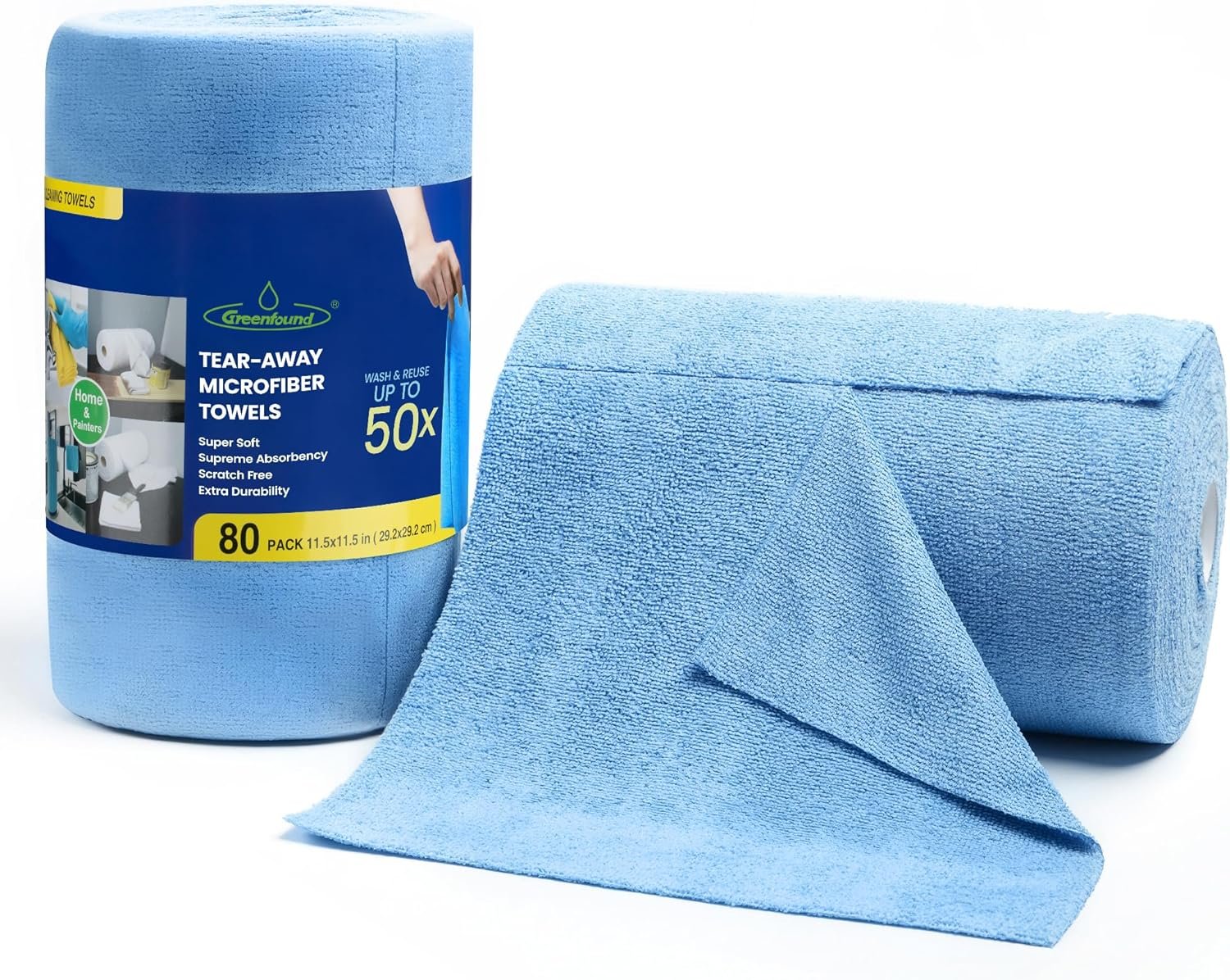 Greenfound Microfiber Cleaning Cloth Roll -80 Pack, 11.5×11.5, Tear Away Towels, Reusable and Washable Rags, Blue