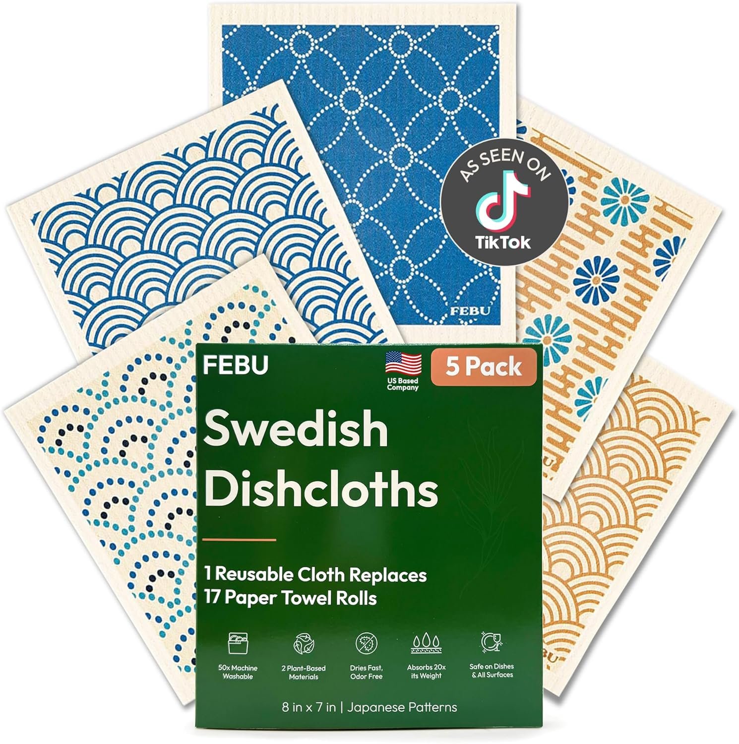 FEBU Swedish Dishcloths for Kitchen | 5 Pack Japanese Reusable Paper Towels Washable | Swedish Dish Towels | Non-Scratch Cellulose Sponge Cloths | No Odor, Biodegradable Cleaning Cloths