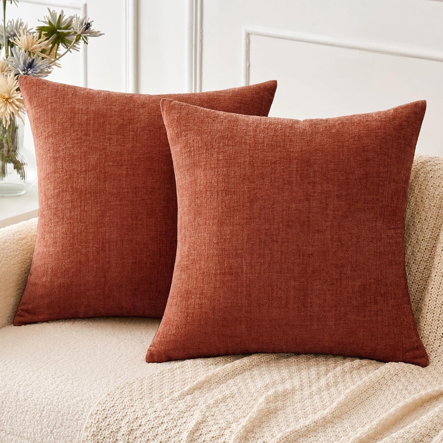 MIULEE Pack of 2 Couch Throw Pillow Covers 18×18 Inch Soft Burnt Orange Chenille Pillow Covers for Sofa Living Room Solid Dyed Pillow Cases