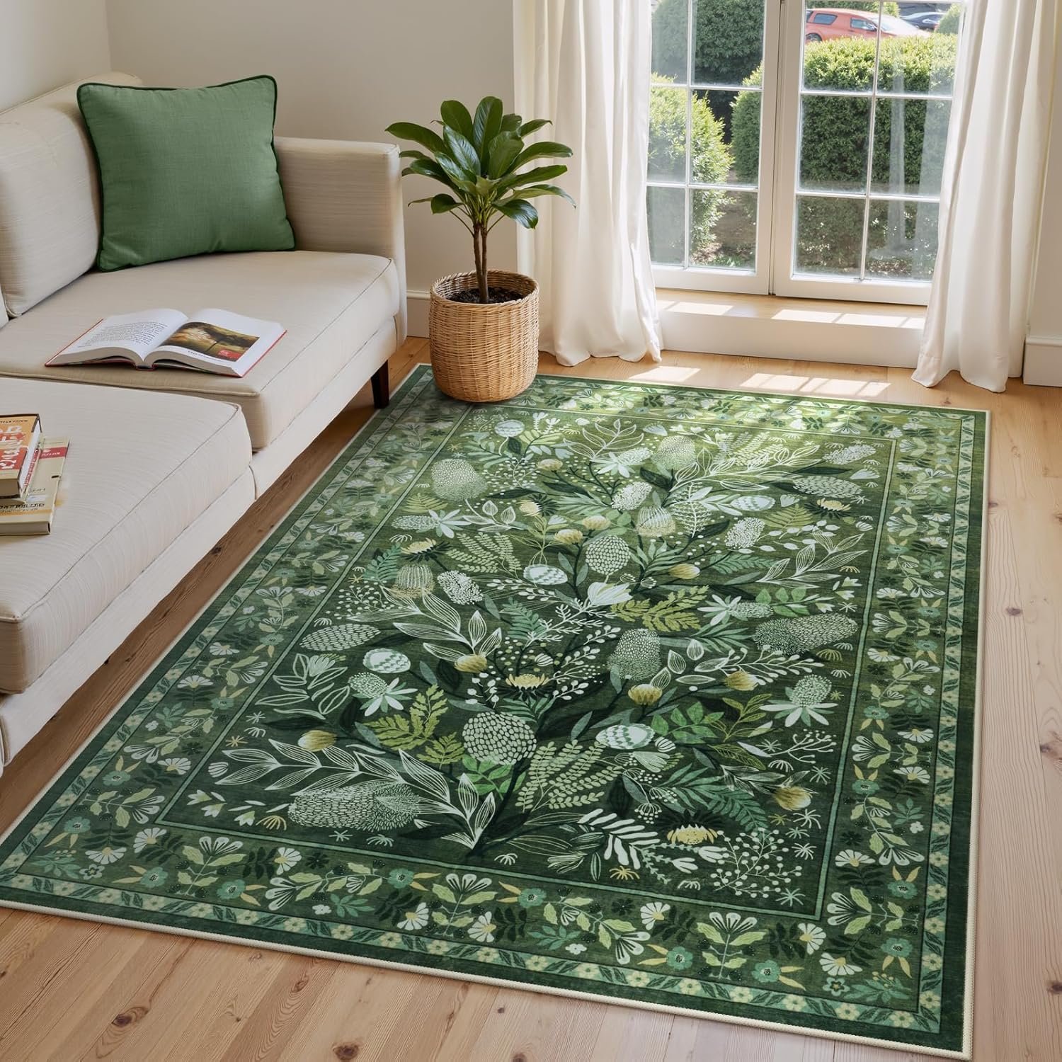 Anidaroel Green Botanical Floral Washable 5×7 Area Rugs, Abstract Large Rugs for Living Room Non-Slip Soft Modern Rugs for Bedroom, Stain Resistant Accent Floor Carpet for Dining Room Entryway