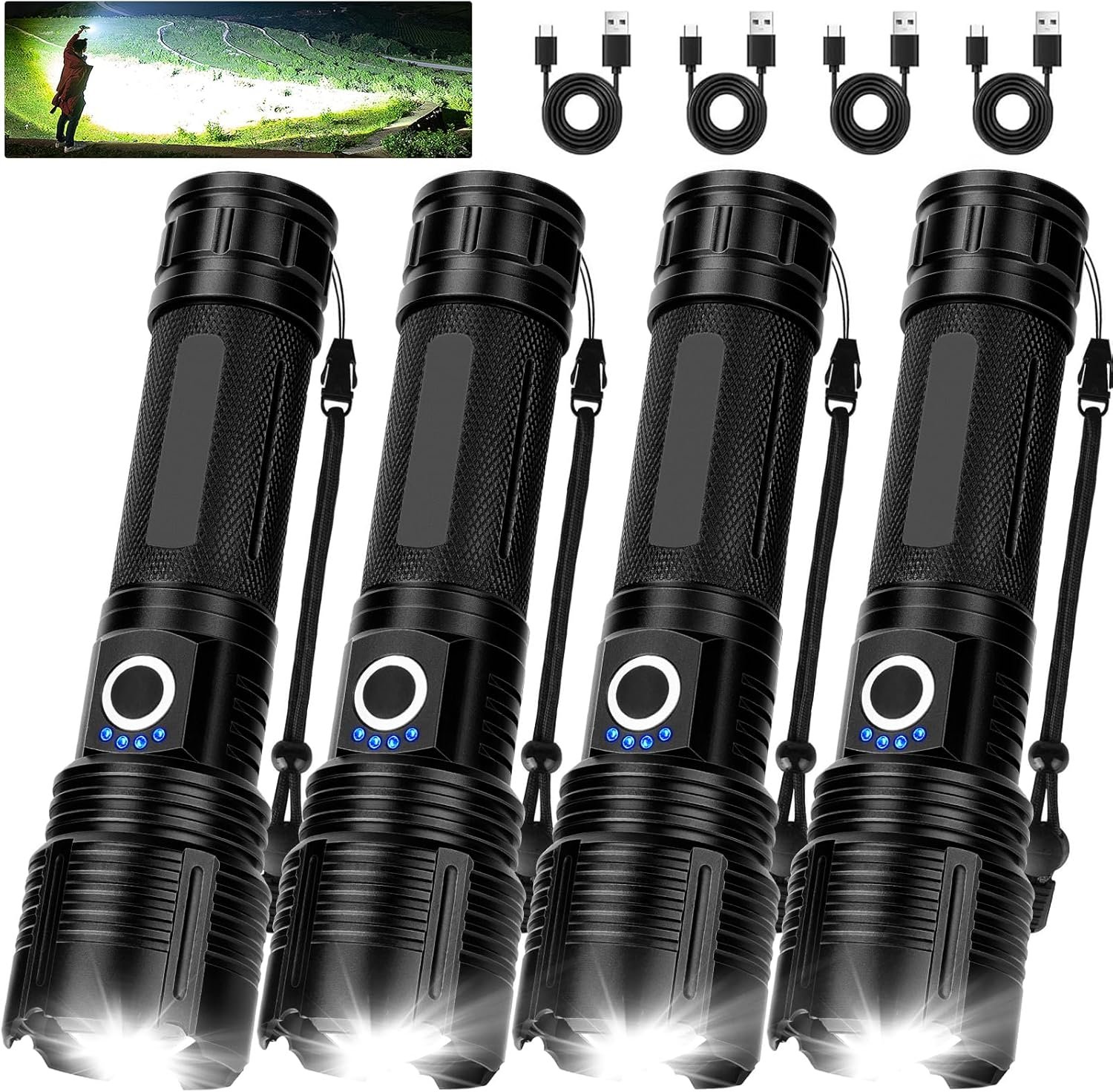4 Pack Flashlight Rechargeable 99,000 High Lumens, Super Bright Rechargeable Flashlights for Home, Powerful LED Flash Light with 5 Light Modes, IPX7 Waterproof for Outdoor, Camping