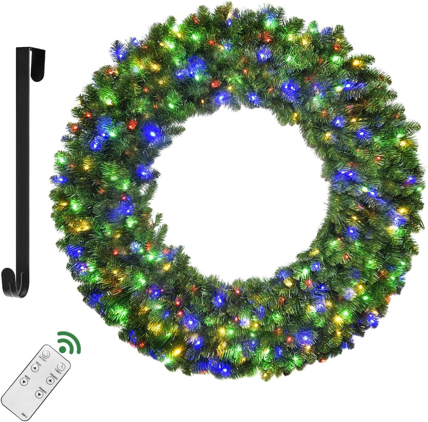 60in Large Christmas Wreath – HOYECHI Lighted Wreaths Holiday Decor, Outdoor Wreath with 300 Colorful LEDs, 930 PVC Tips, Metal Hook, 9 Functions, Timer, Power Plug-in, Remote Controls