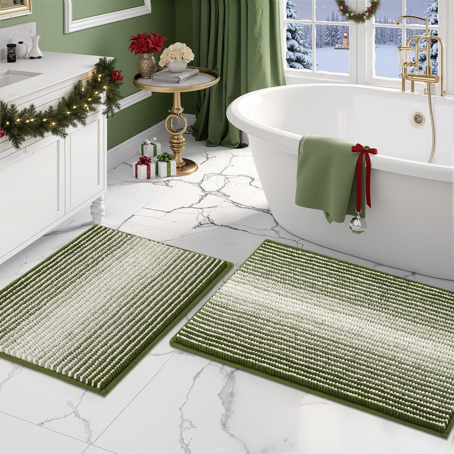 BSICPRO Bathroom Rugs and Mats Sets, 2 Piece Thick Absorbent Chenille Bath Mat Rug Set Non Slip, Soft Shaggy Bath Room Floor Mats for Bathroom, Machine Washable (Sage, 20″ x 32″ Plus 16″ x 24″)
