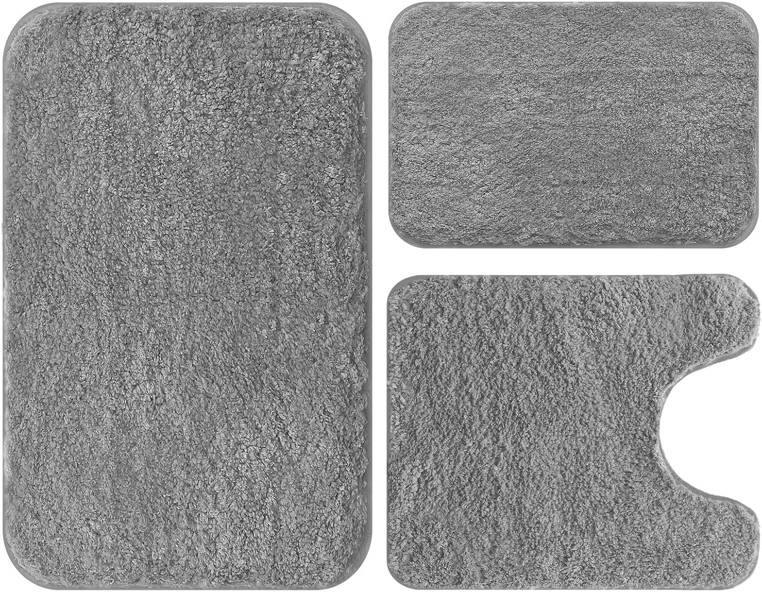 Bathroom Rugs Set 3 Piece Soft Absorbent Bath Rugs, Microfiber Bath Mats and U-Shaped Contour Toilet Rug with Non-Slip Rubber Backing Bath Rug Sets Thick Floor Mat,Bathroom Sets for Bathrooms,Grey