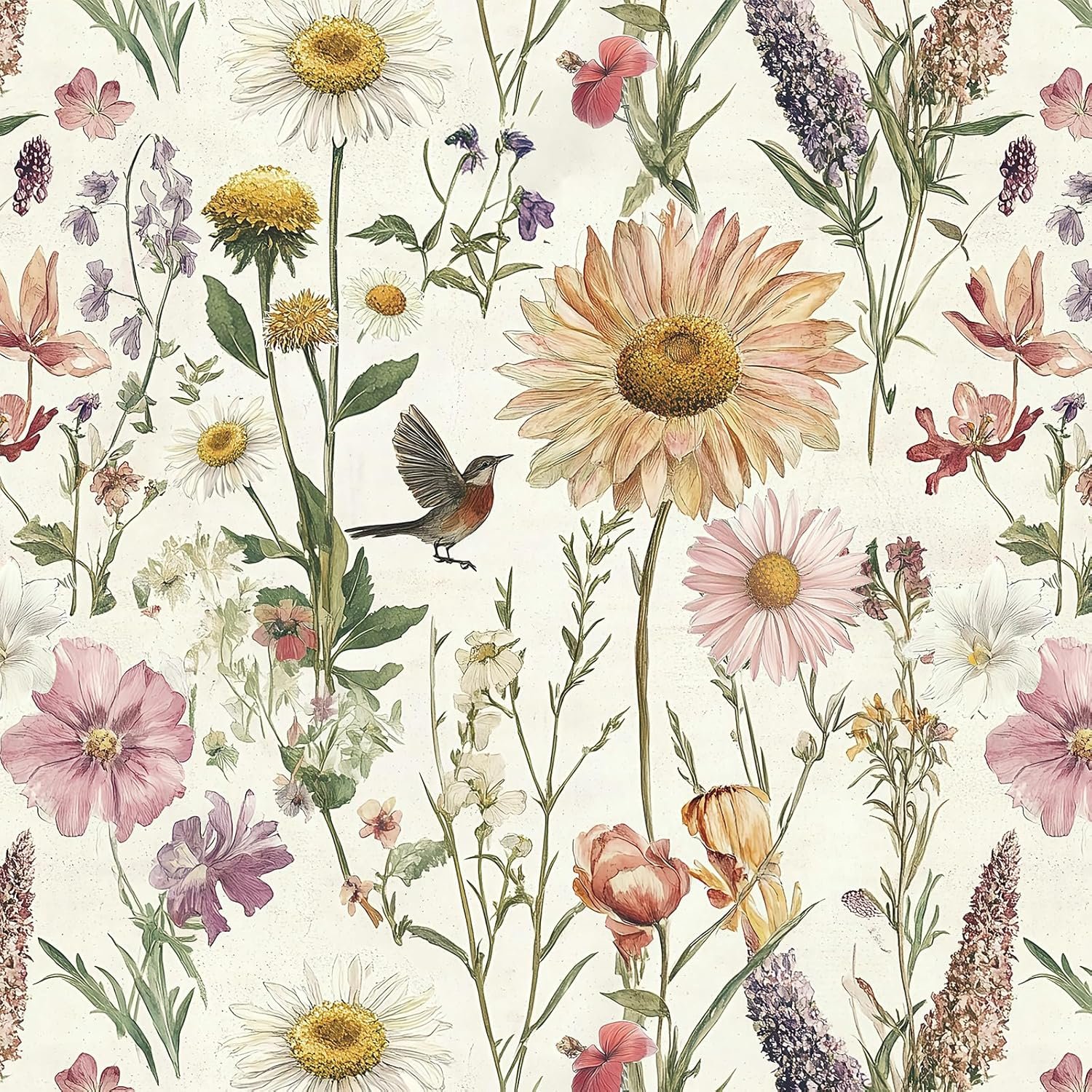 Livebor Floral Peel and Stick Wallpaper Floral Bird Contact Paper 16.9inch x 118.1inch Vintage Flower Wallpaper Peel and Stick Self Adhesive Flower Contact Paper Botanical Decor for Bathroom Vinyl