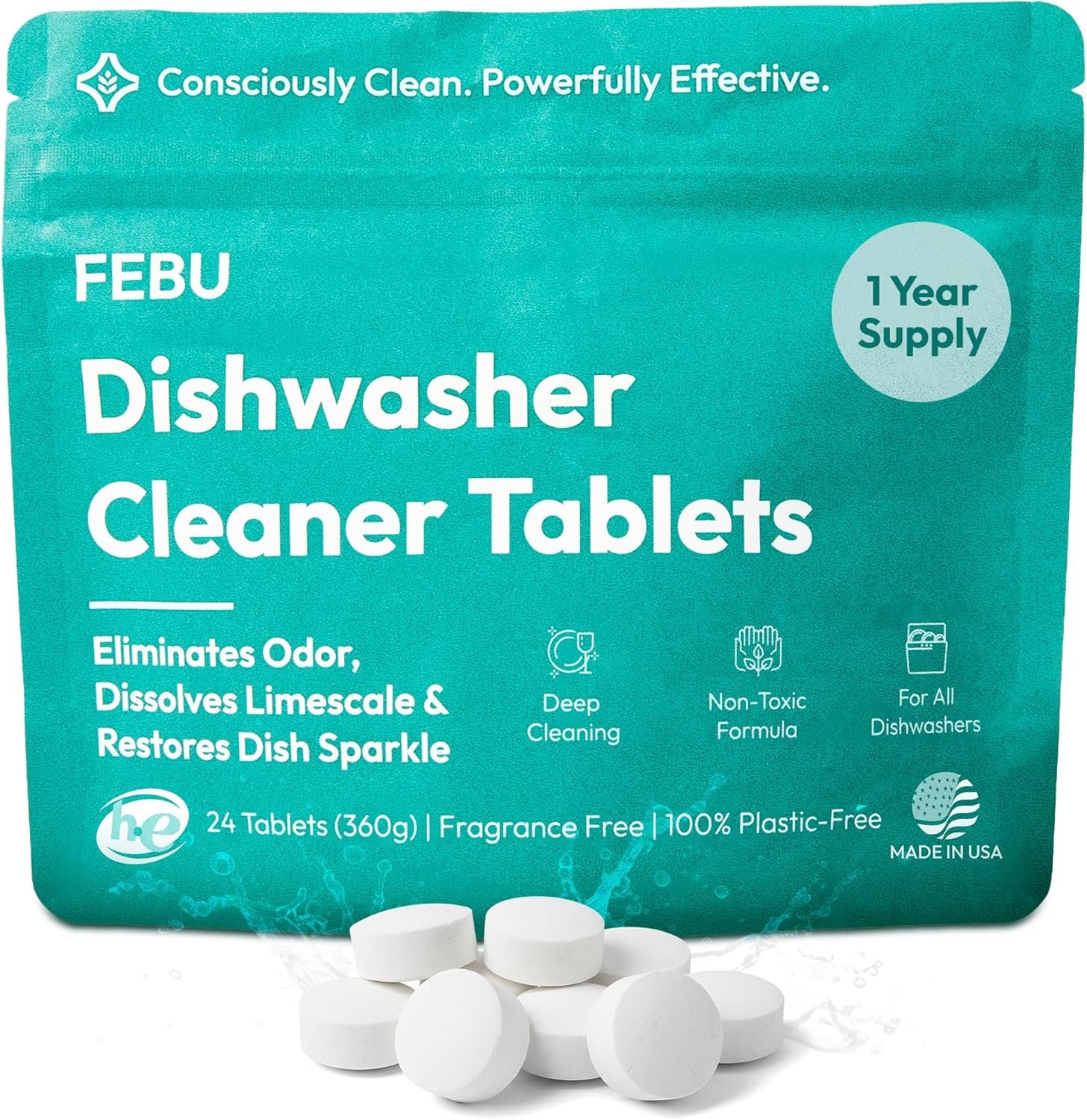 FEBU Dishwasher Cleaner Tablets Made in USA | Natural Dishwasher Cleaner and Deodorizer | Eliminates Grease & Grime | 8 Natural, Biodegradable, Plant-Based Ingredients | 24 Tablets – 12 Month Supply
