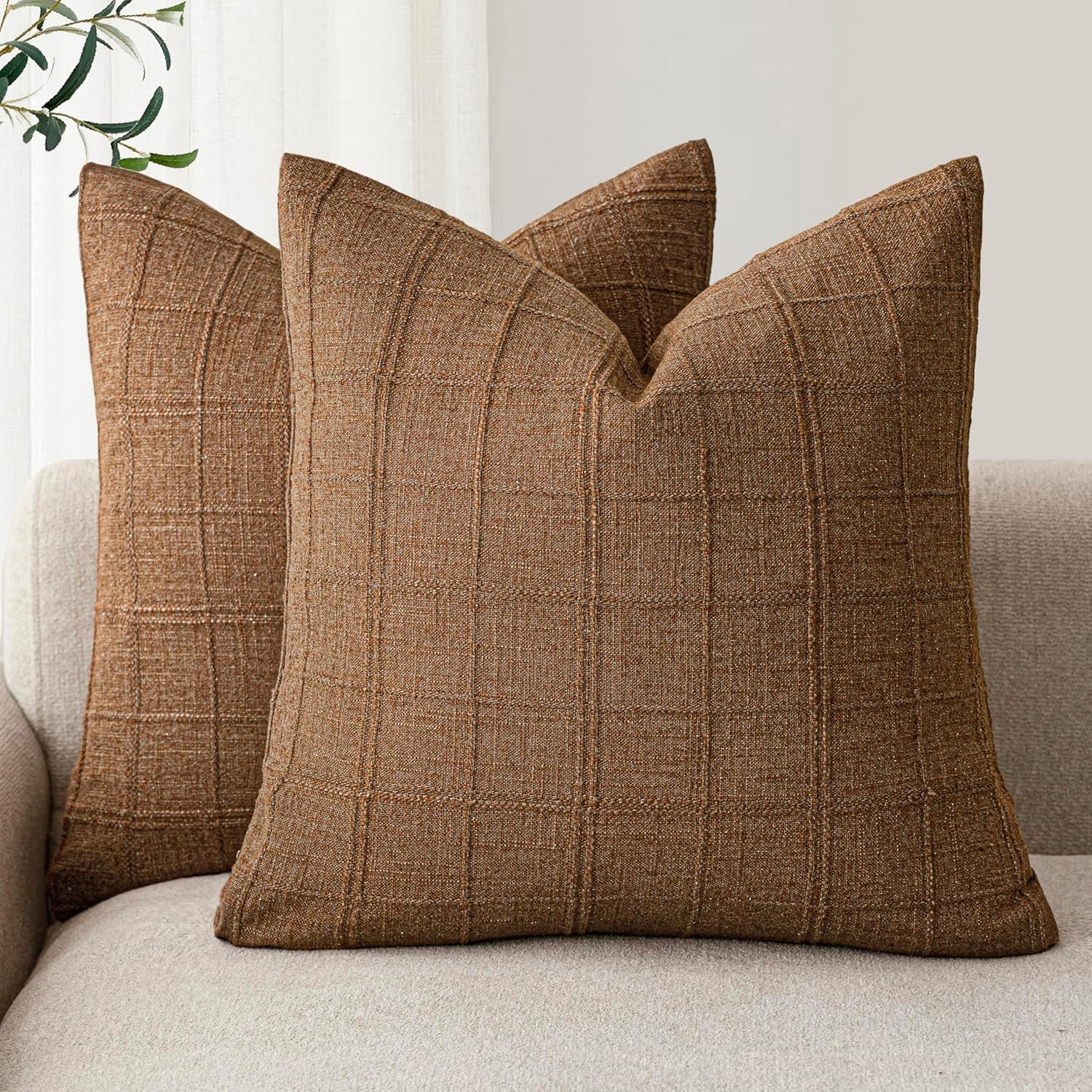 Foindtower Set of 2 Decorative Linen Check Throw Pillow Covers Neutral Farmhouse Vintage Cushion Covers Modern Boho Home Decor for Sofa Chair Couch Bedroom Living Room,20×20 Inch,Brown Hazel